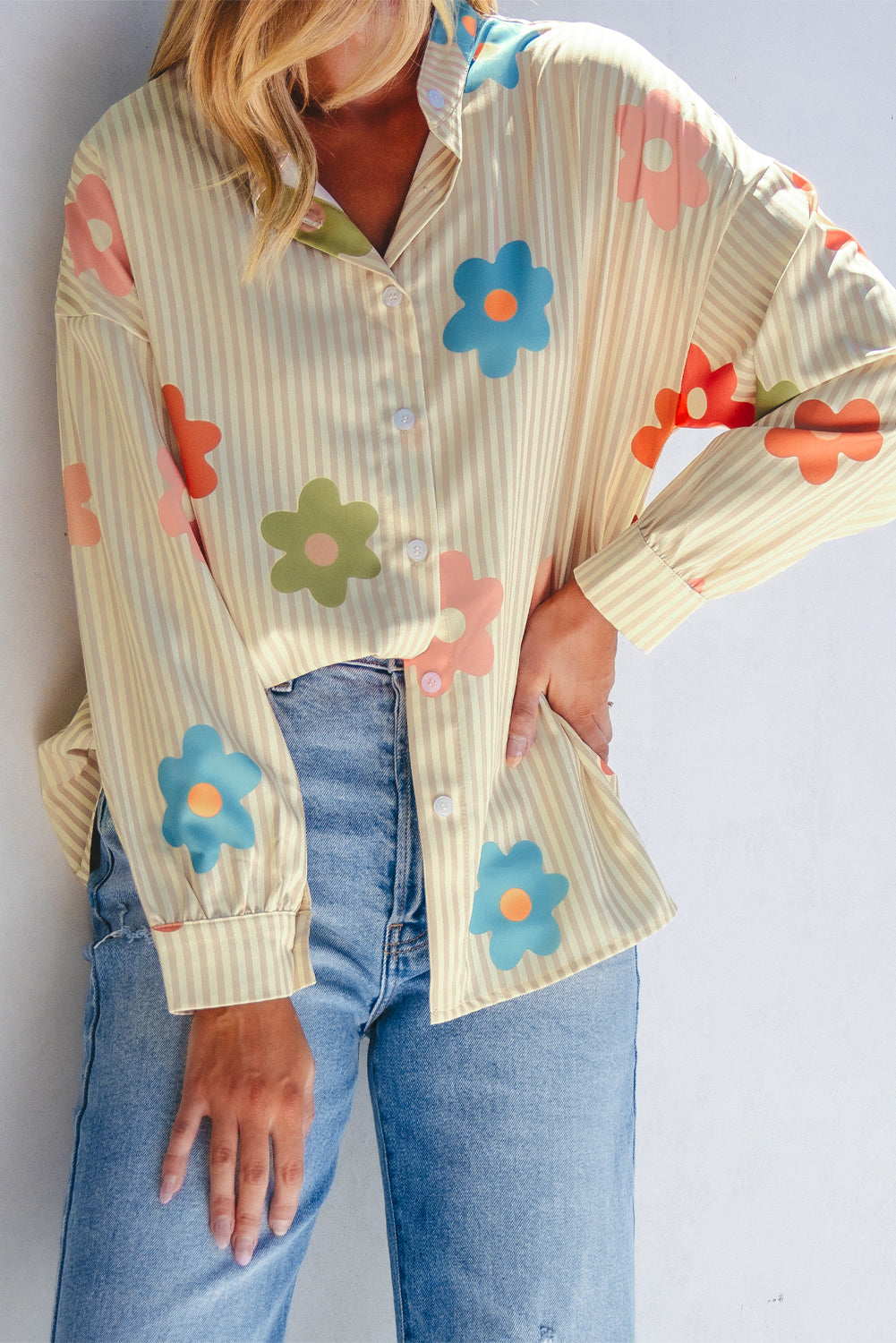 Apricot Stripe Flower Print Collared Button-up Loose Fit Shirt - Premium Sale (50% OFF)/30% OFF from Ashes 2 Wildflowers Boutique, LLC- Just $20.29! Shop now at Ashes 2 Wildflowers Boutique, LLC