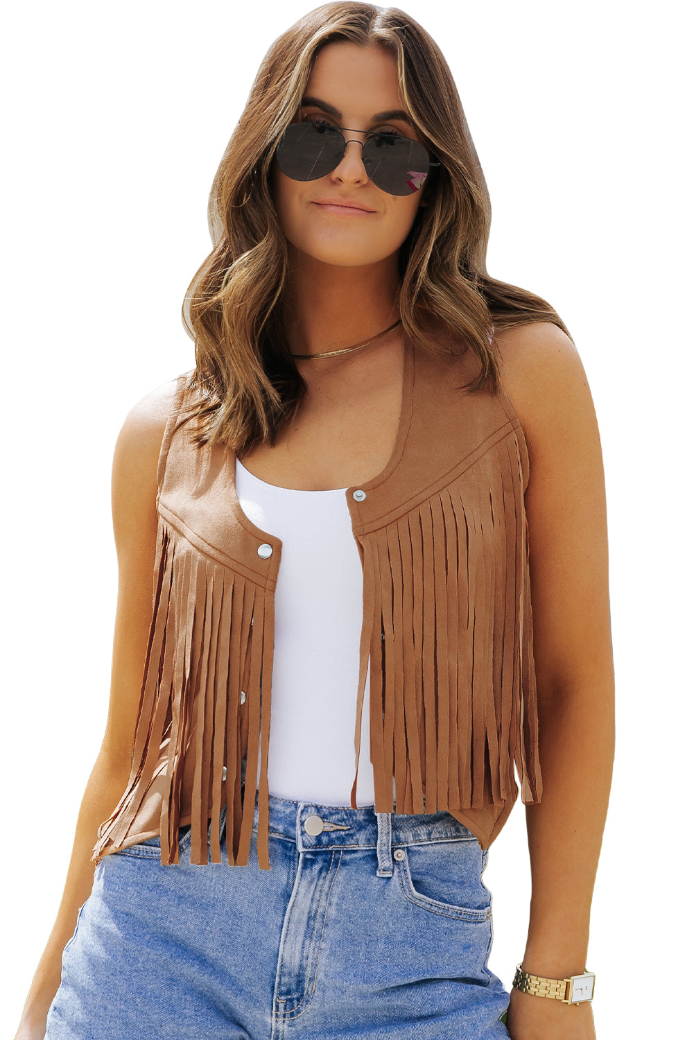 Camel Fringed Snap Button Front Suedette Vest - Premium Outerwear/Jackets from Momma Done Gone Crafty- Just $18.84! Shop now at Momma Done Gone Crafty