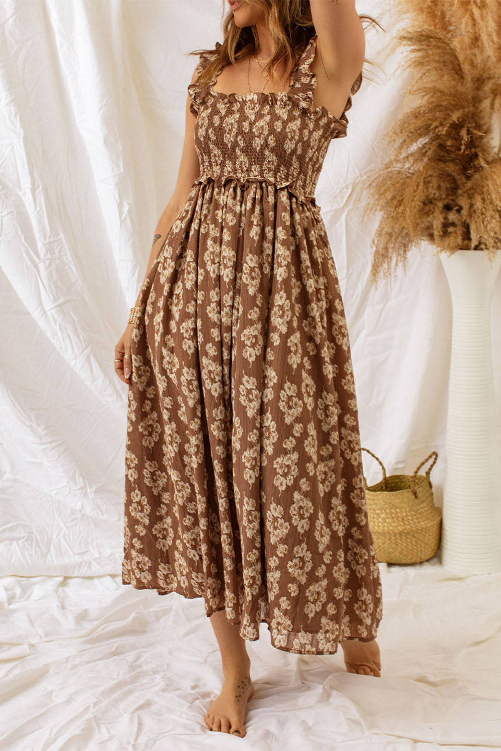 Brown Ruffled Straps Smocked Floral Maxi Dress - Premium Dresses from Momma Done Gone Crafty- Just $45.99! Shop now at Momma Done Gone Crafty