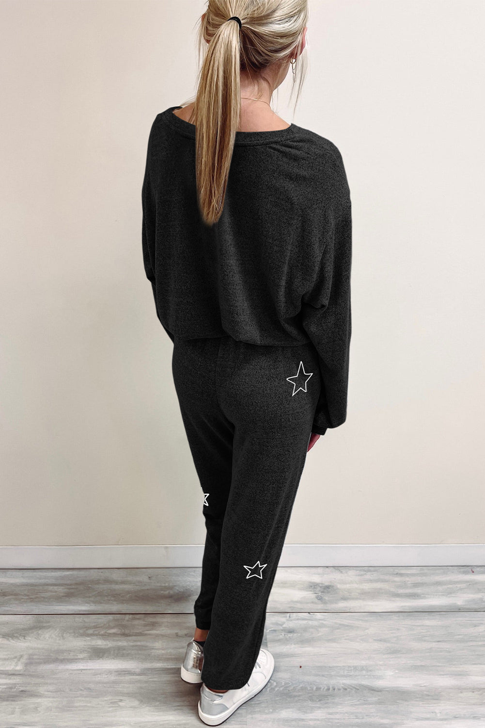 Black Stars Print Long Sleeve Drawstring High Waist Lounge Set - Premium Loungewear from Momma Done Gone Crafty- Just $34.50! Shop now at Momma Done Gone Crafty