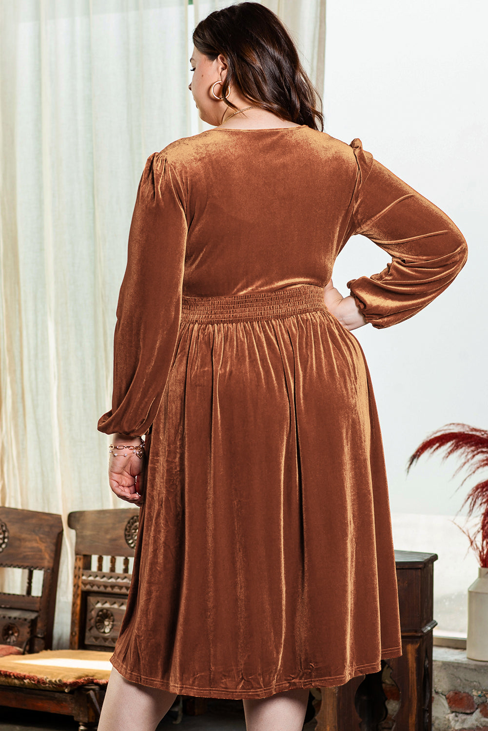Camel Surplice V Neck Balloon Sleeve Velvet Dress - Premium Plus Size/Plus Size Dresses/Plus Size Maxi Dresses from Momma Done Gone Crafty- Just $35.16! Shop now at Momma Done Gone Crafty