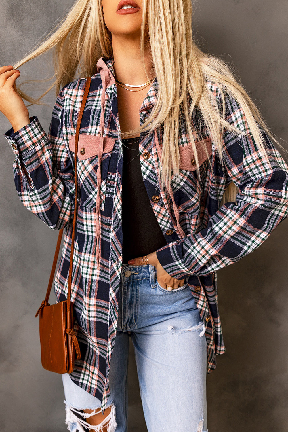 Pink Contrast Hooded Drawstring Plaid Shacket - Premium Outerwear from Momma Done Gone Crafty- Just $46.23! Shop now at Momma Done Gone Crafty