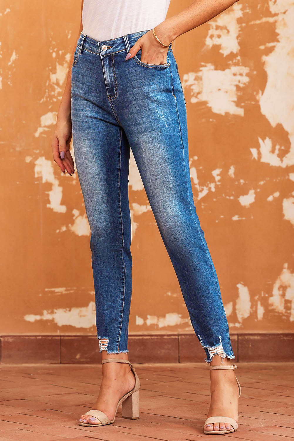 Blue Raw Hem Ankle-length Skinny Jeans - Premium Bottoms from Momma Done Gone Crafty- Just $60.99! Shop now at Momma Done Gone Crafty