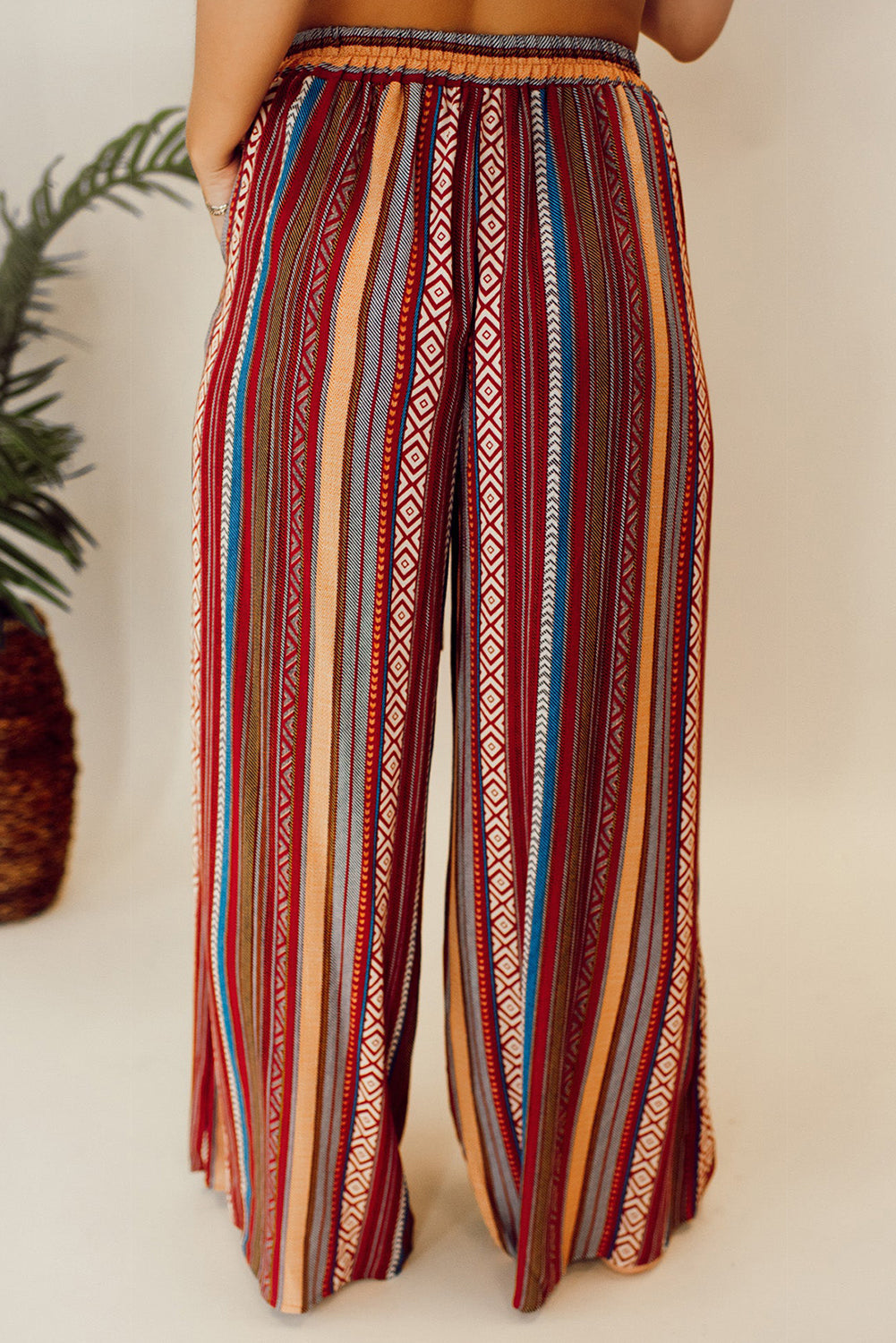 Red Boho Ethnic Striped Print Tie Waist Wide Leg Pants - Premium Bottoms/Pants & Culotte from Momma Done Gone Crafty- Just $22.83! Shop now at Momma Done Gone Crafty