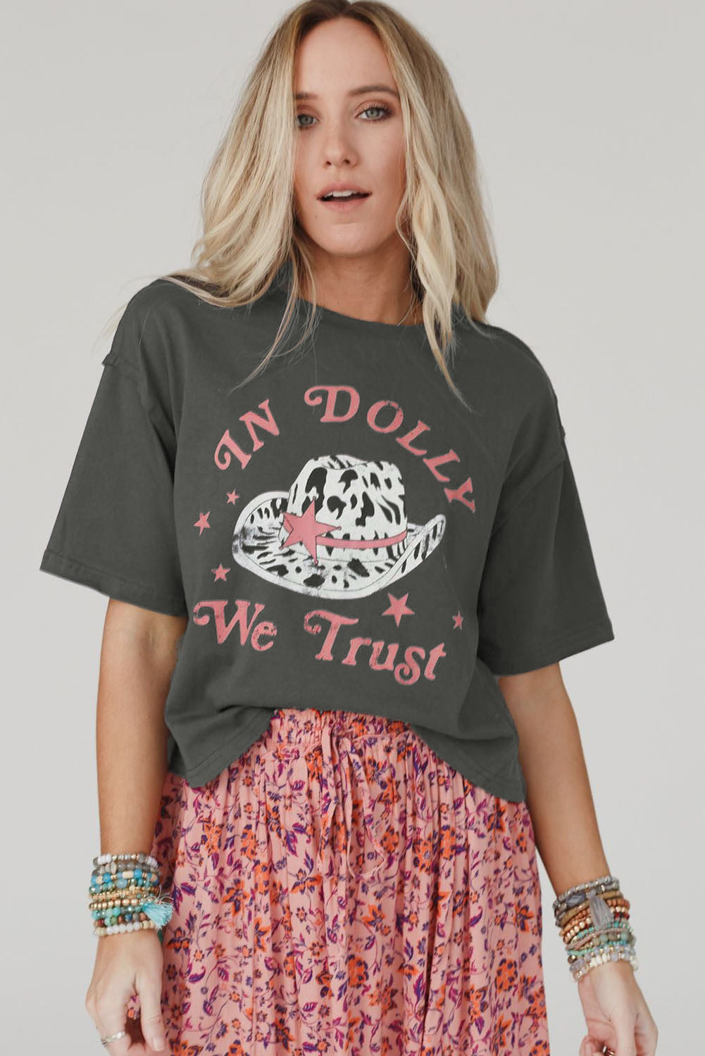 Gray WE TRUST IN DOLLY Western Fashion Graphic Tee - Premium Tops/Tops & Tees from Momma Done Gone Crafty- Just $19.99! Shop now at Momma Done Gone Crafty
