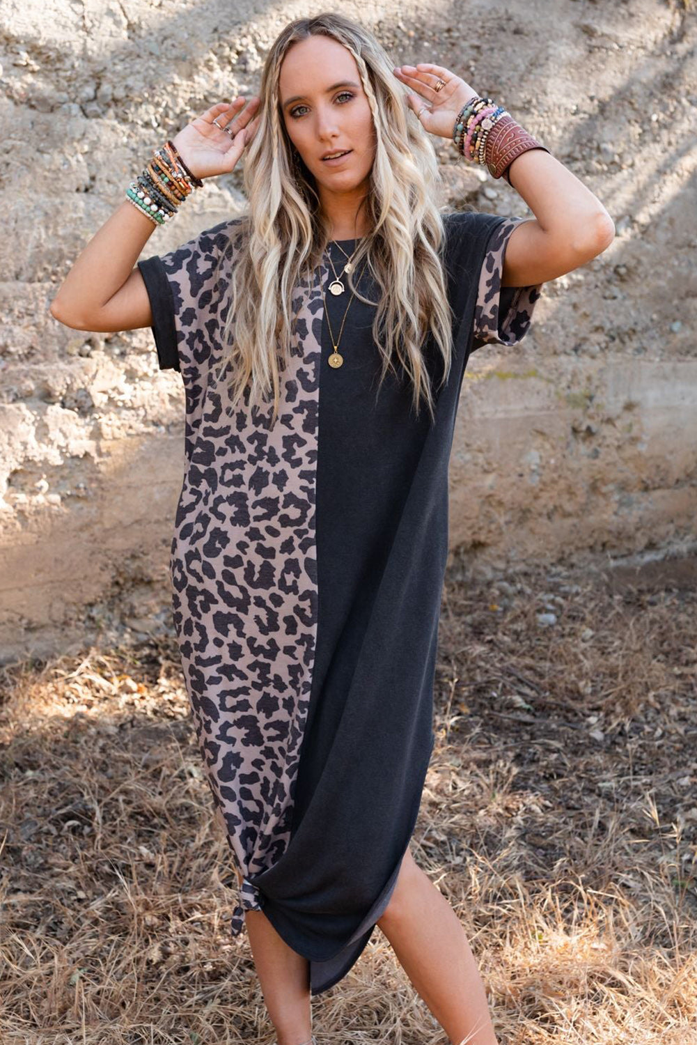 Black Contrast Solid Leopard Short Sleeve T-shirt Dress with Slits - Premium Dresses from Momma Done Gone Crafty- Just $24! Shop now at Momma Done Gone Crafty