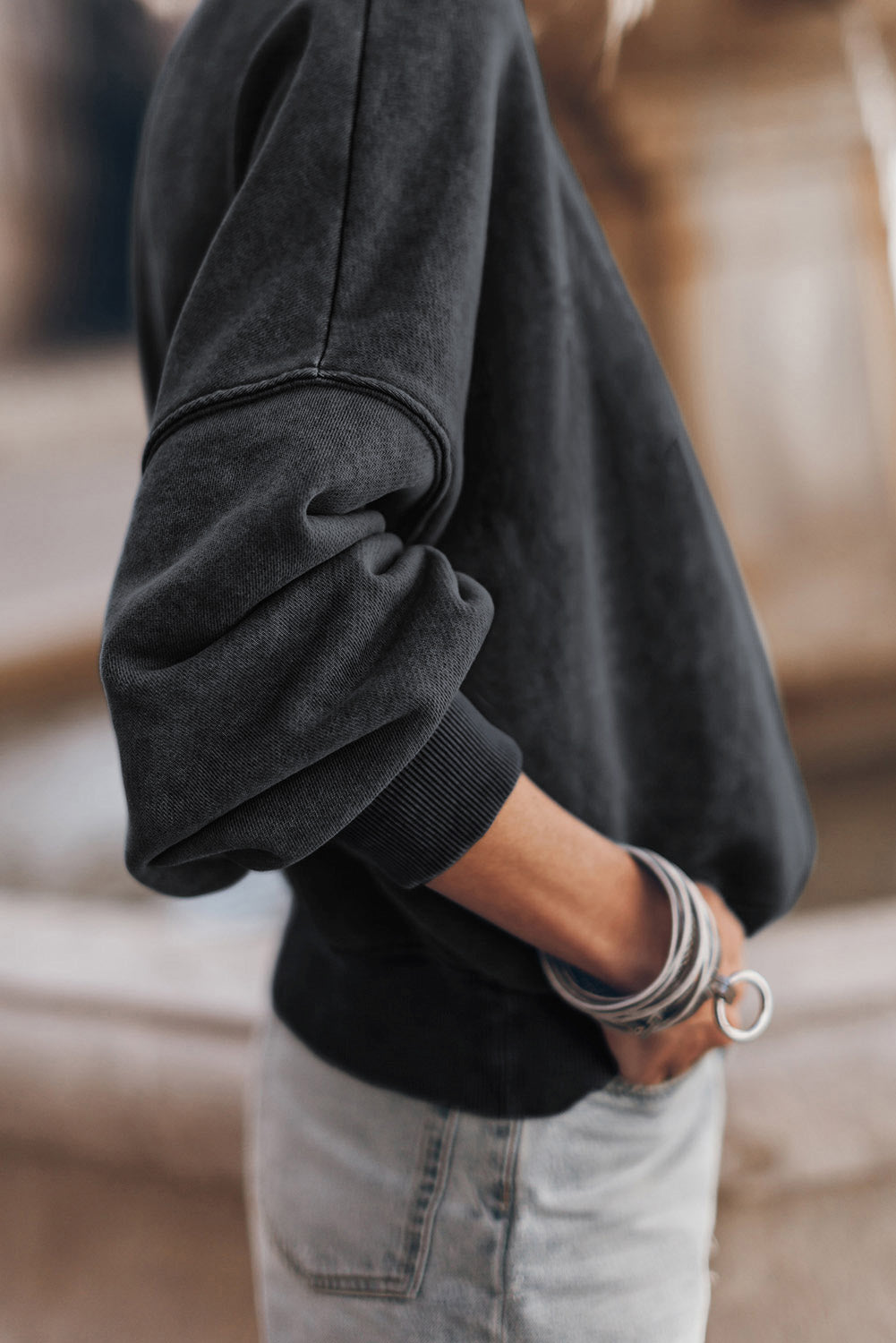 Black Drop Shoulder Crew Neck Pullover Sweatshirt - Premium Tops from Momma Done Gone Crafty- Just $41.94! Shop now at Momma Done Gone Crafty