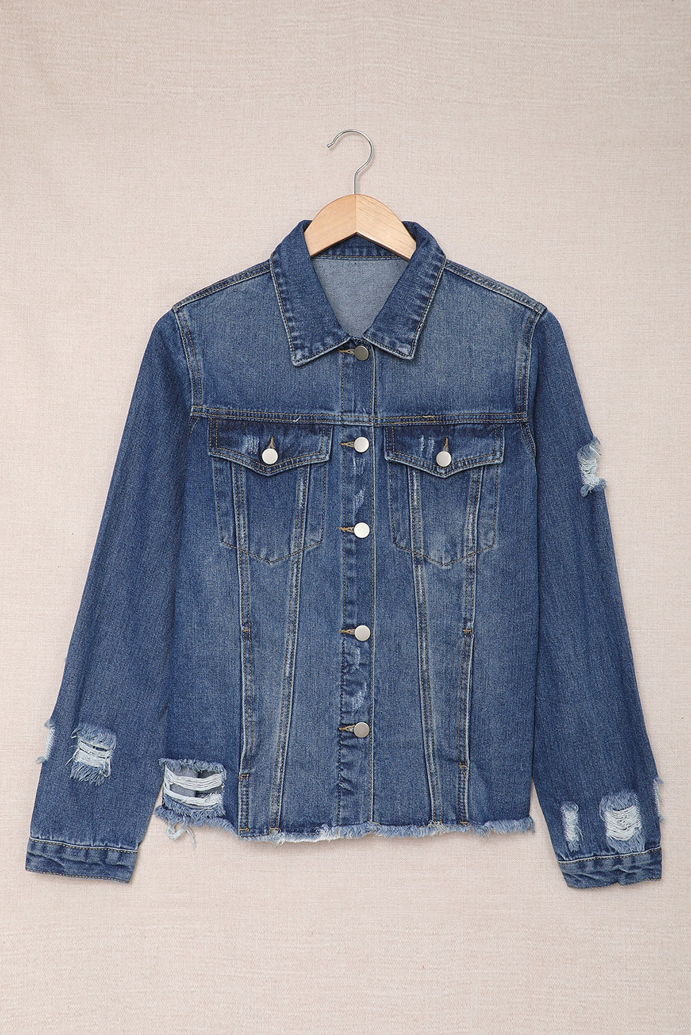 Blue Lapel Distressed Raw Hem Buttons Denim Jacket - Premium Outerwear from Momma Done Gone Crafty- Just $44.00! Shop now at Momma Done Gone Crafty