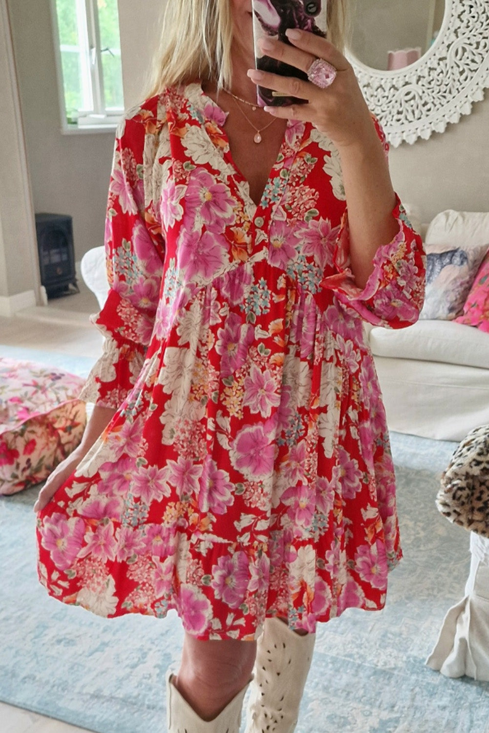 Red Floral Print High Waist V Neck Babydoll Mini Dress - Premium Dresses/Mini Dresses from Momma Done Gone Crafty- Just $38.99! Shop now at Momma Done Gone Crafty