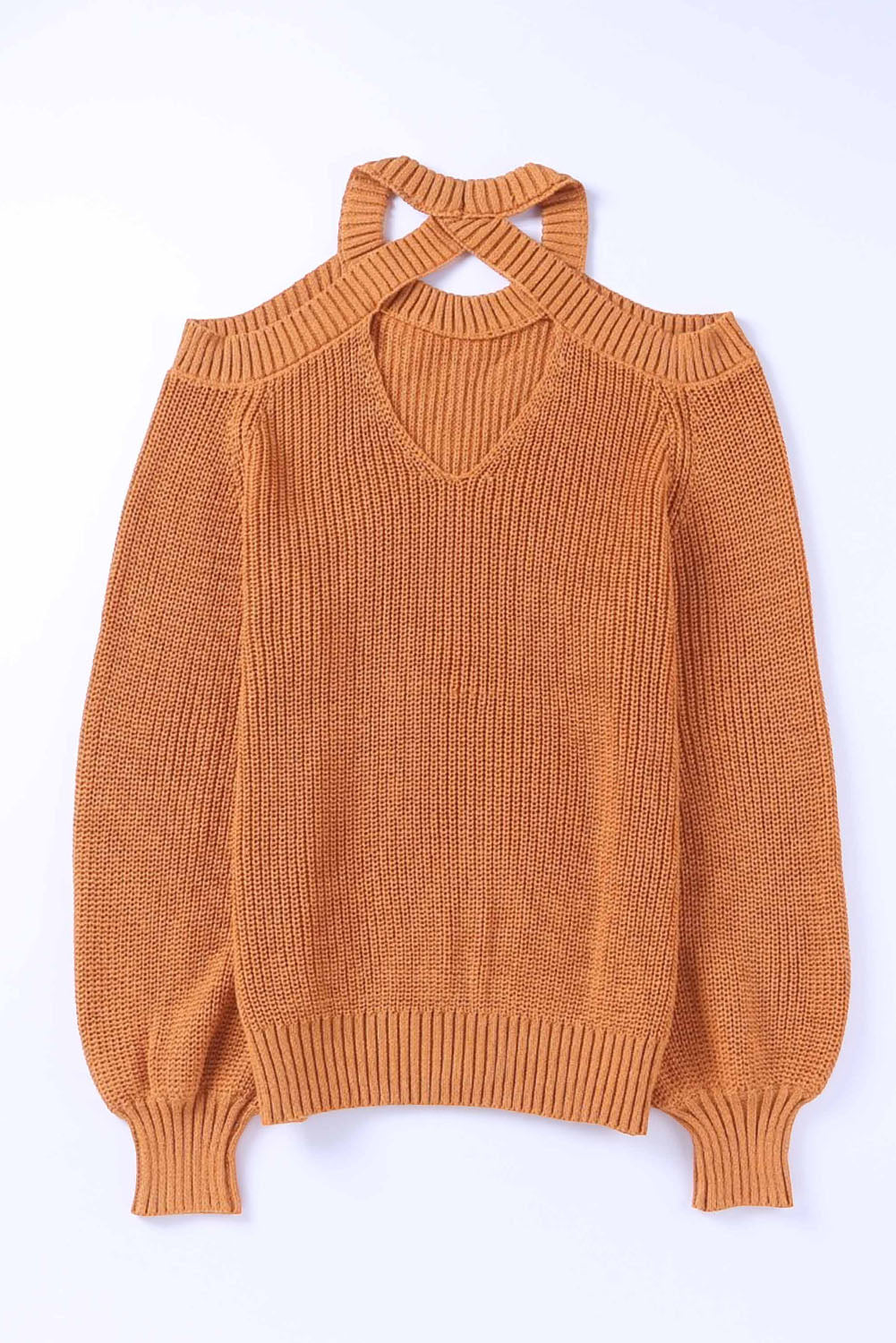 Brown Crew Neck Cold Shoulder Hollow-out Back Sweater - Premium Tops from Momma Done Gone Crafty- Just $58.80! Shop now at Momma Done Gone Crafty