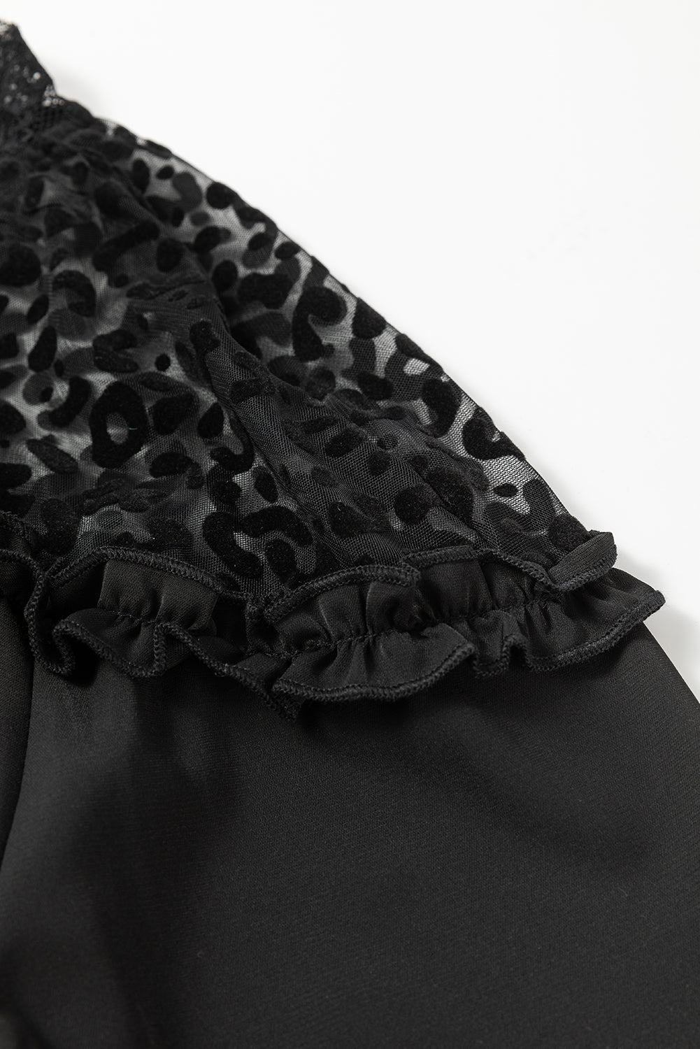 Black Leopard Mesh Splicing Ruffle Long Sleeve Blouse - Premium Tops from Momma Done Gone Crafty- Just $25.99! Shop now at Momma Done Gone Crafty