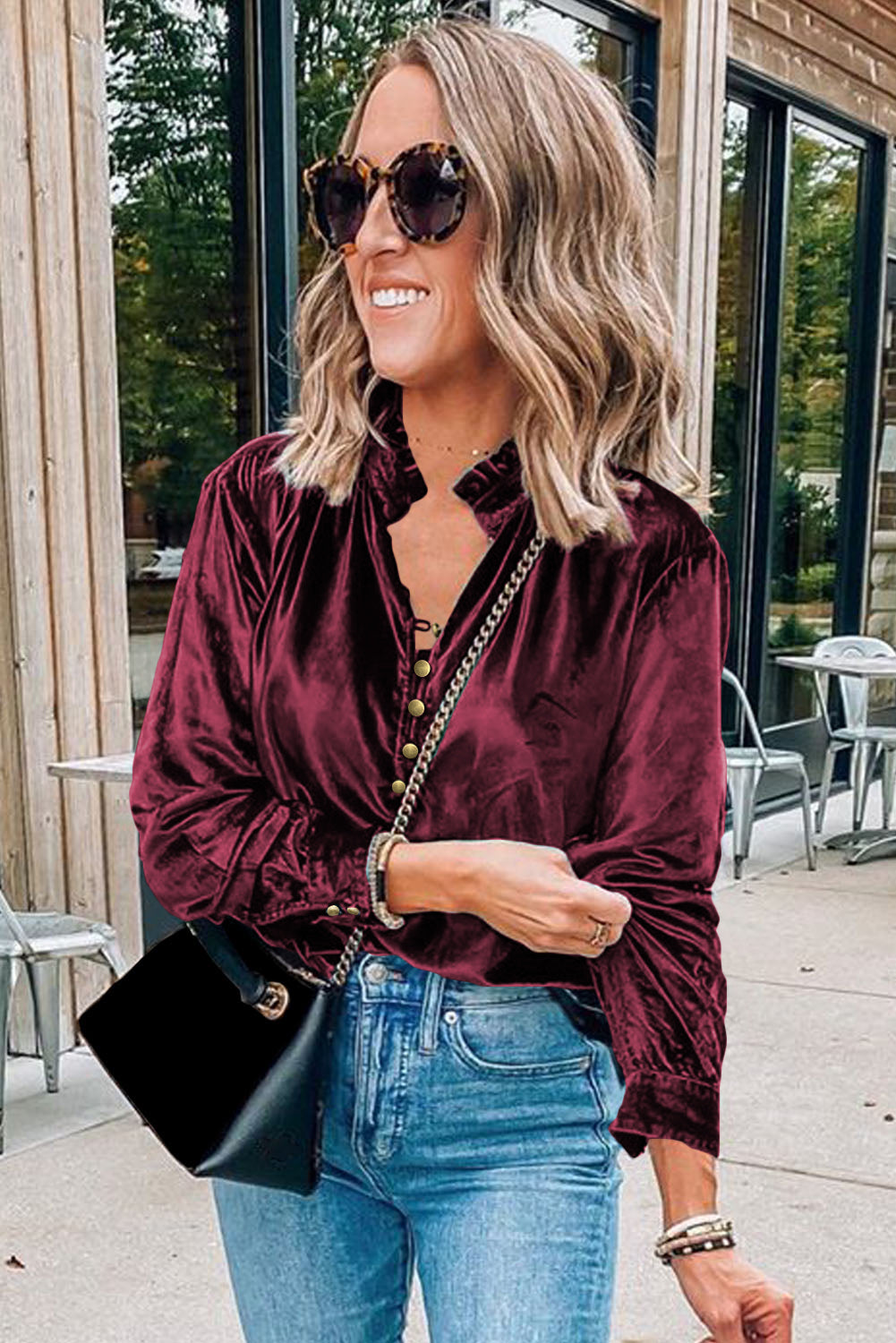 Biking Red Frilled Neck Buttoned Front Velvet Top - Premium Tops from Momma Done Gone Crafty- Just $40.11! Shop now at Momma Done Gone Crafty