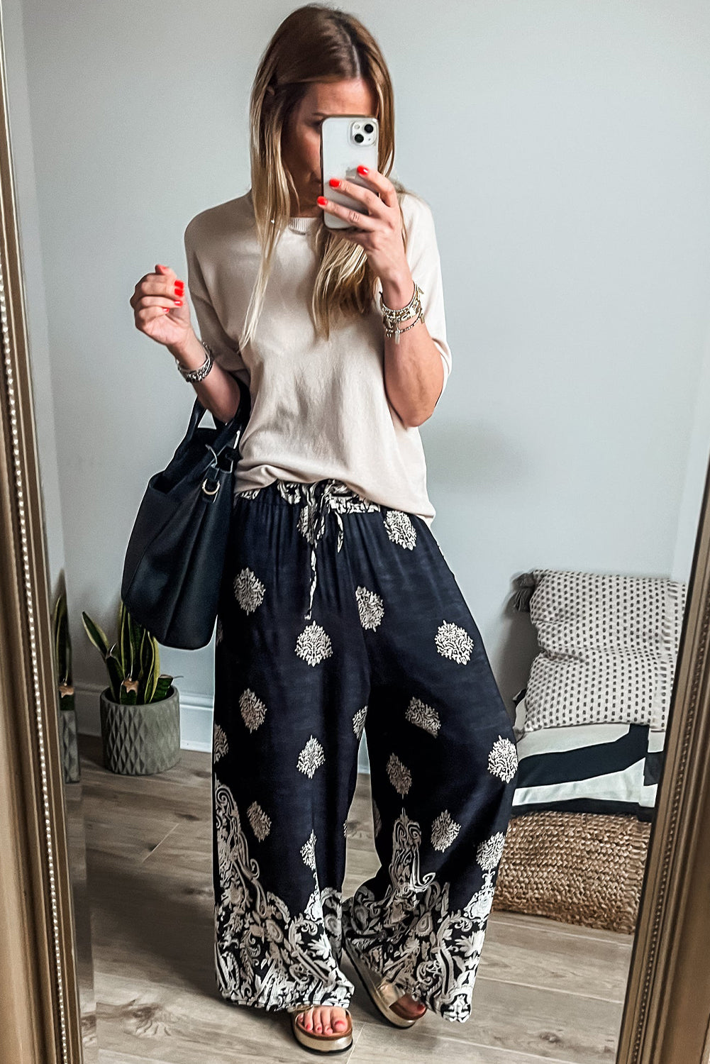 Black Bohemian Printed Drawstring Waist Wide Leg Pants - Premium Bottoms/Pants & Culotte from Momma Done Gone Crafty- Just $21.75! Shop now at Momma Done Gone Crafty