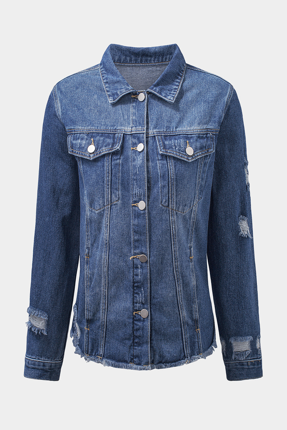 Blue Lapel Distressed Raw Hem Buttons Denim Jacket - Premium Outerwear from Momma Done Gone Crafty- Just $65.99! Shop now at Momma Done Gone Crafty