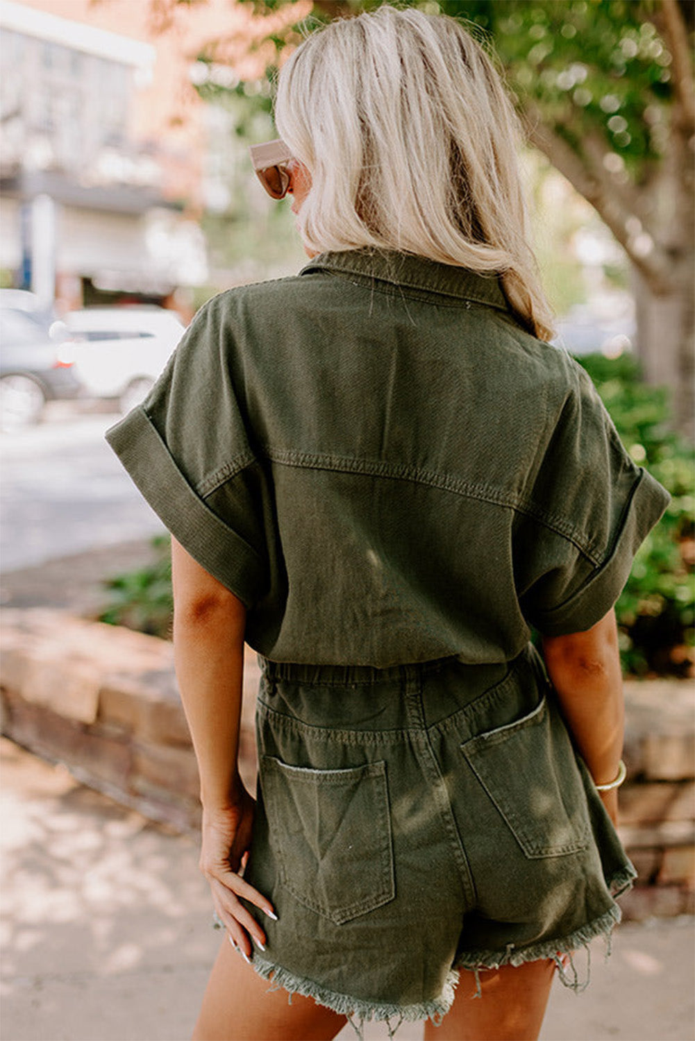 Moss Green Distressed Frayed Denim Romper - Premium Bottoms/Jumpsuits & Rompers from Momma Done Gone Crafty- Just $45.99! Shop now at Momma Done Gone Crafty