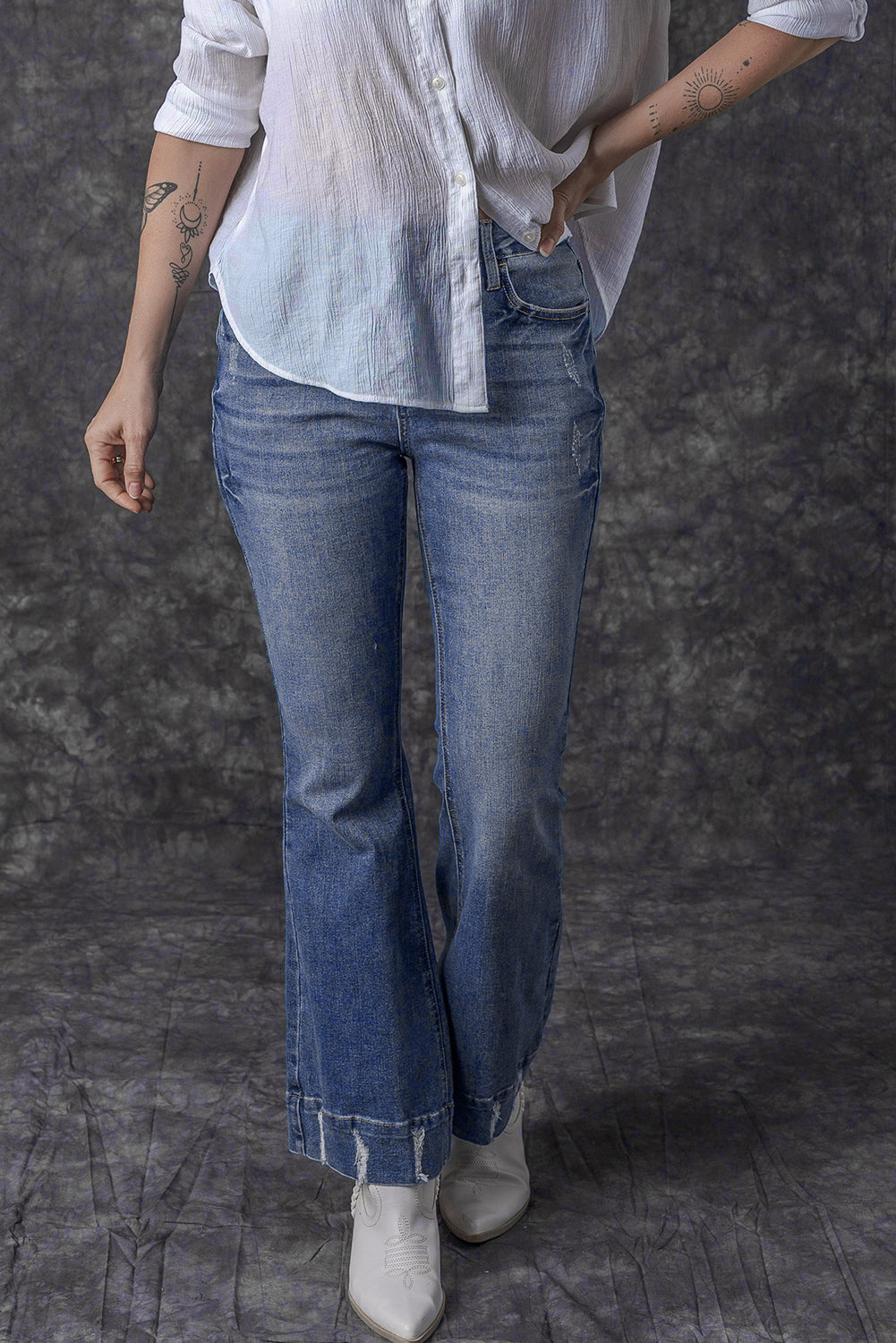 Sky Blue Slight Distressed Medium Wash Flare Jeans - Premium Bottoms from Momma Done Gone Crafty- Just $69.30! Shop now at Momma Done Gone Crafty