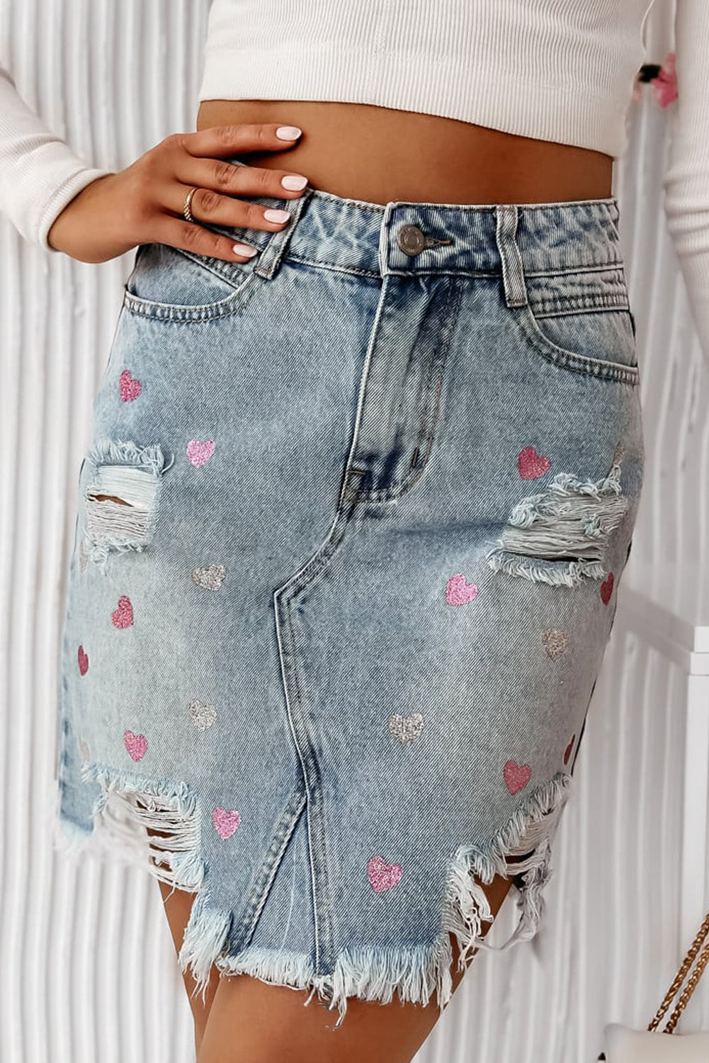 Beau Blue Shimmer Heart Pattern Distressed Denim Mini Skirt - Premium Bottoms/Skirts & Petticoat from Ashes 2 Wildflowers Boutique, LLC- Just $36.90! Shop now at Ashes 2 Wildflowers Boutique, LLC