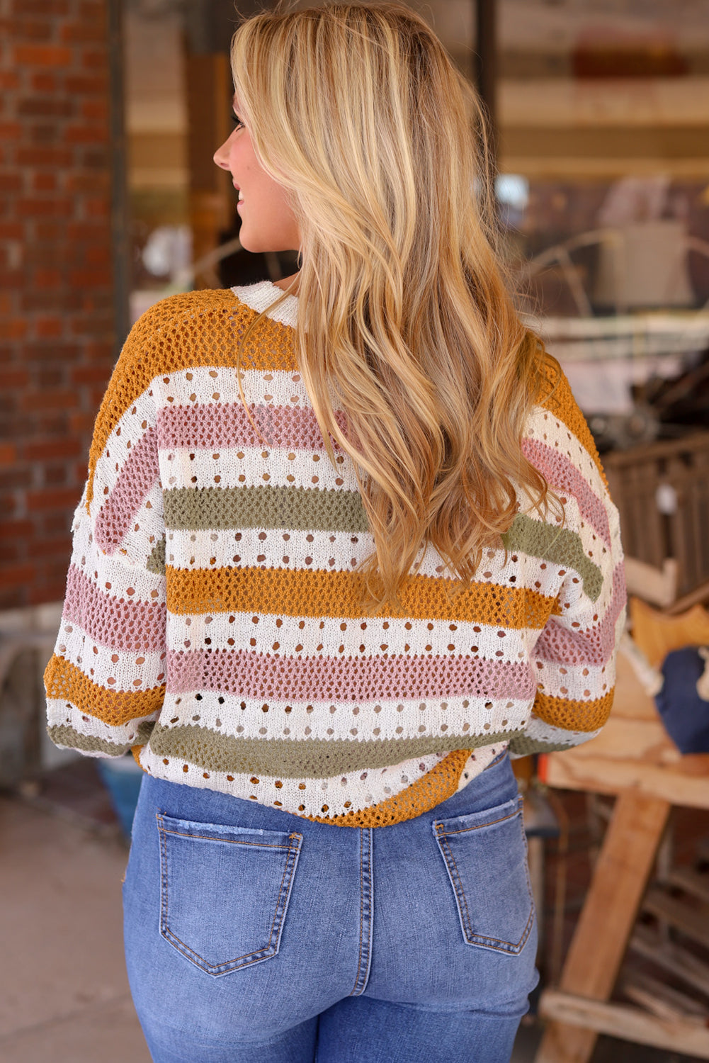 Multicolor Striped Hollowed Knitted Loose Sweater - Premium Tops from Momma Done Gone Crafty- Just $35.40! Shop now at Momma Done Gone Crafty