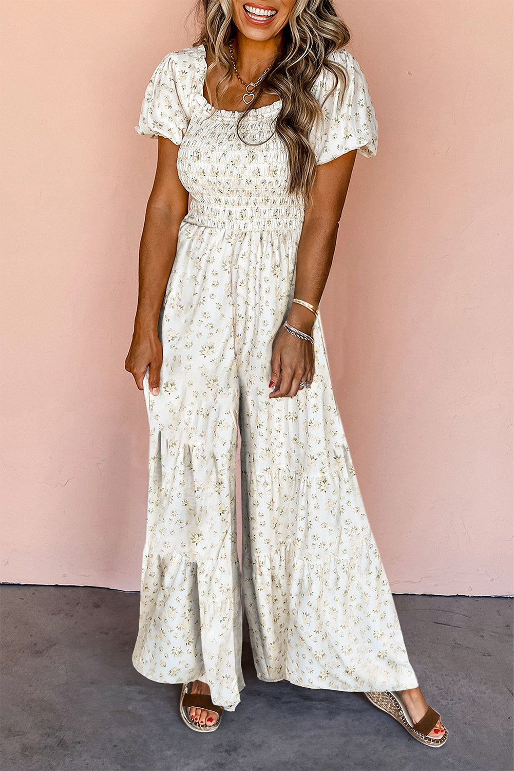 White Boho Floral Smocked Wide Leg Short Puff Sleeve Jumpsuit - Premium Bottoms/Jumpsuits & Rompers from Ashes 2 Wildflowers Boutique, LLC- Just $65.99! Shop now at Ashes 2 Wildflowers Boutique, LLC