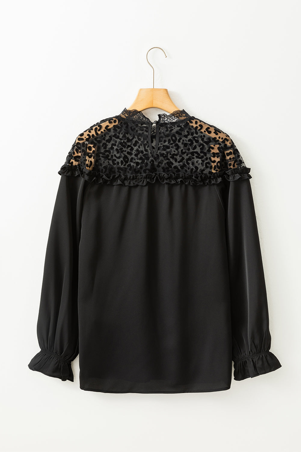 Black Leopard Mesh Splicing Ruffle Long Sleeve Blouse - Premium Tops from Momma Done Gone Crafty- Just $25.99! Shop now at Momma Done Gone Crafty