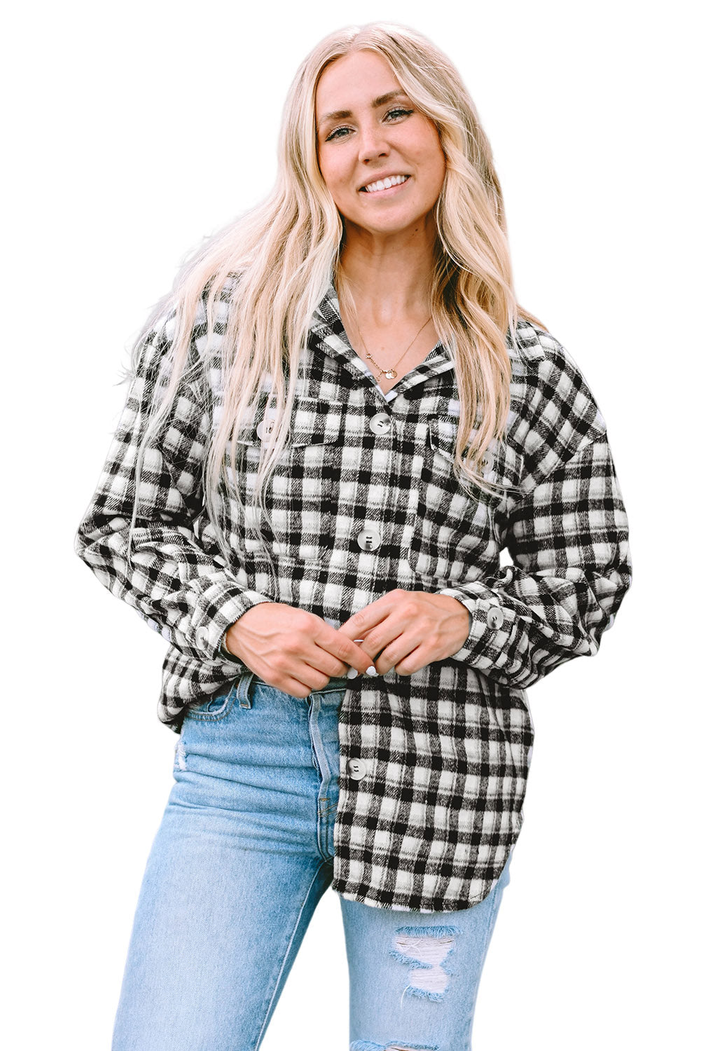 Black Plaid Print Chest Pockets Buttoned Tunic Shacket - Premium Outerwear from Momma Done Gone Crafty- Just $40! Shop now at Momma Done Gone Crafty