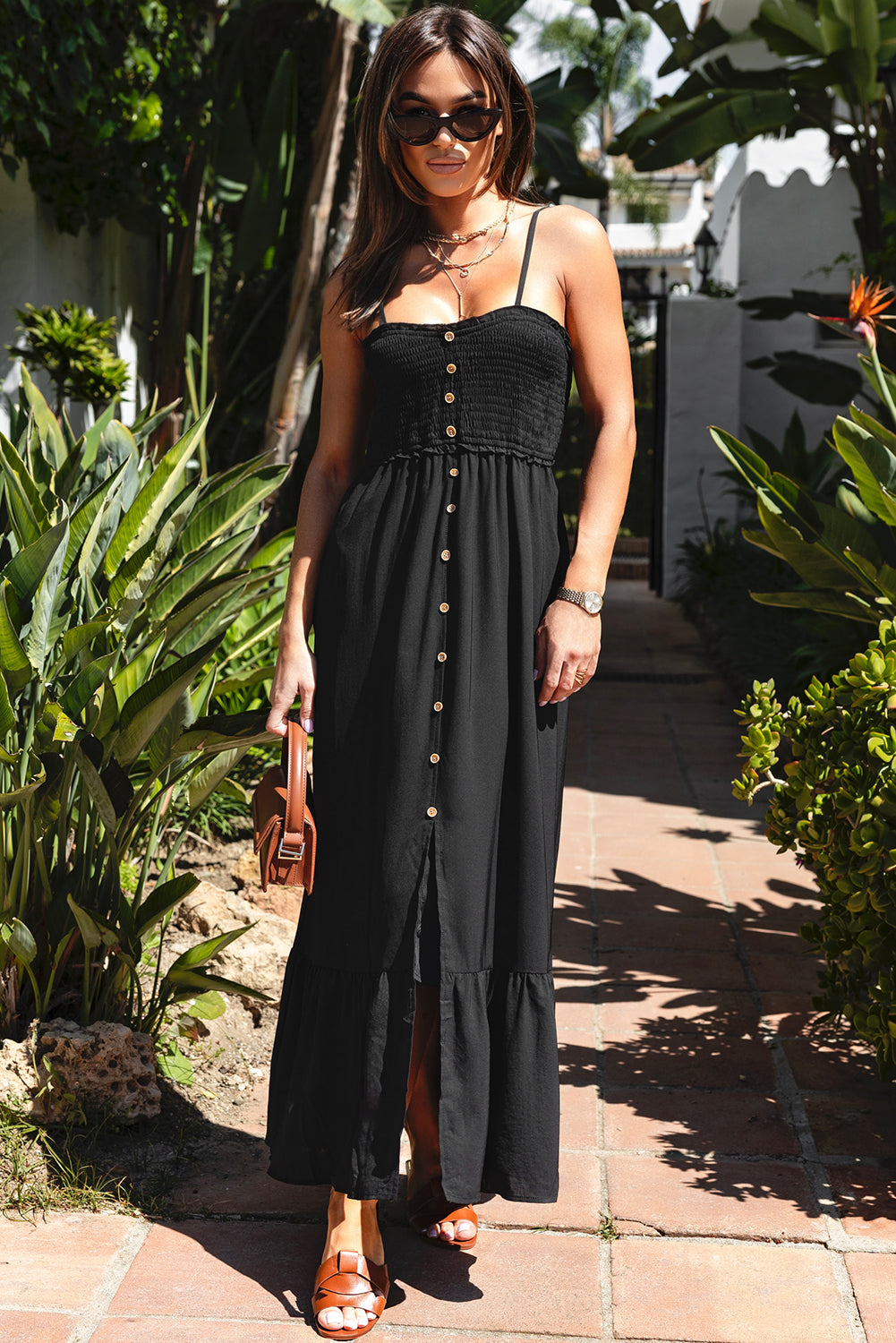 Black Spaghetti Straps Smocked Front Slit Buttoned Dress - Premium Dresses/Maxi Dresses from Momma Done Gone Crafty- Just $52.99! Shop now at Momma Done Gone Crafty
