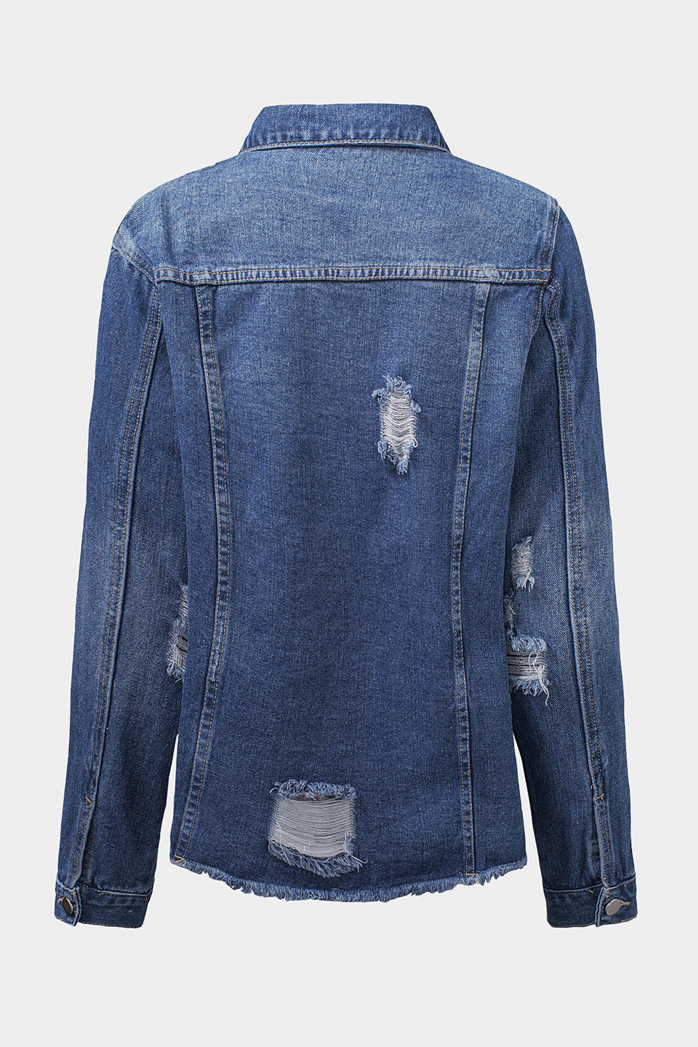 Blue Lapel Distressed Raw Hem Buttons Denim Jacket - Premium Outerwear from Momma Done Gone Crafty- Just $44.00! Shop now at Momma Done Gone Crafty