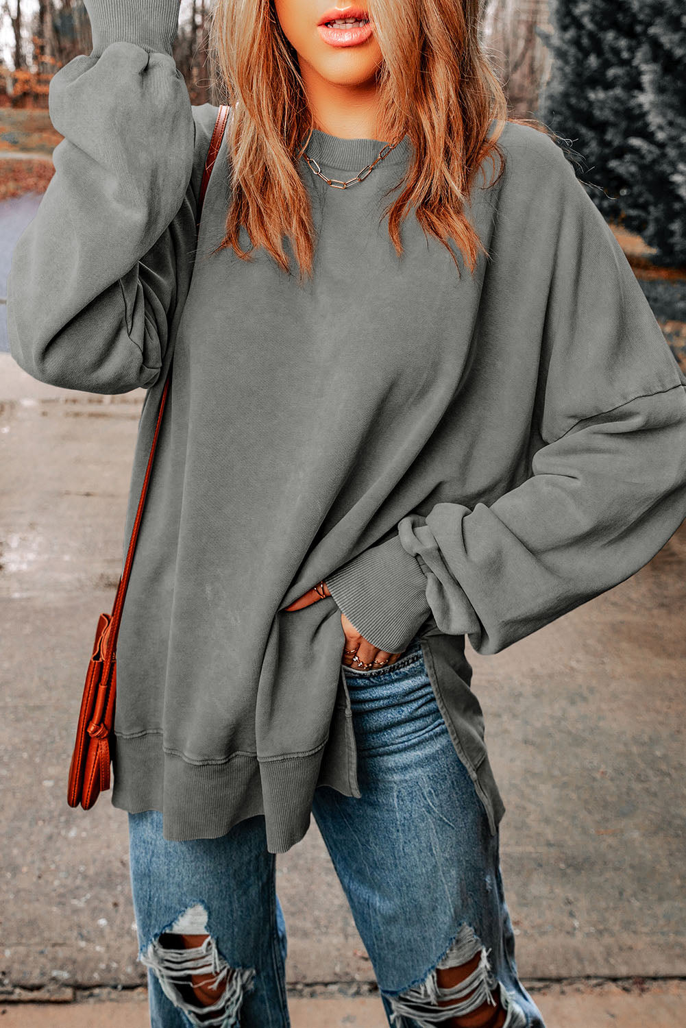 Gray Drop Shoulder Ribbed Trim Oversized Sweatshirt - Premium Tops from Momma Done Gone Crafty- Just $29.70! Shop now at Momma Done Gone Crafty