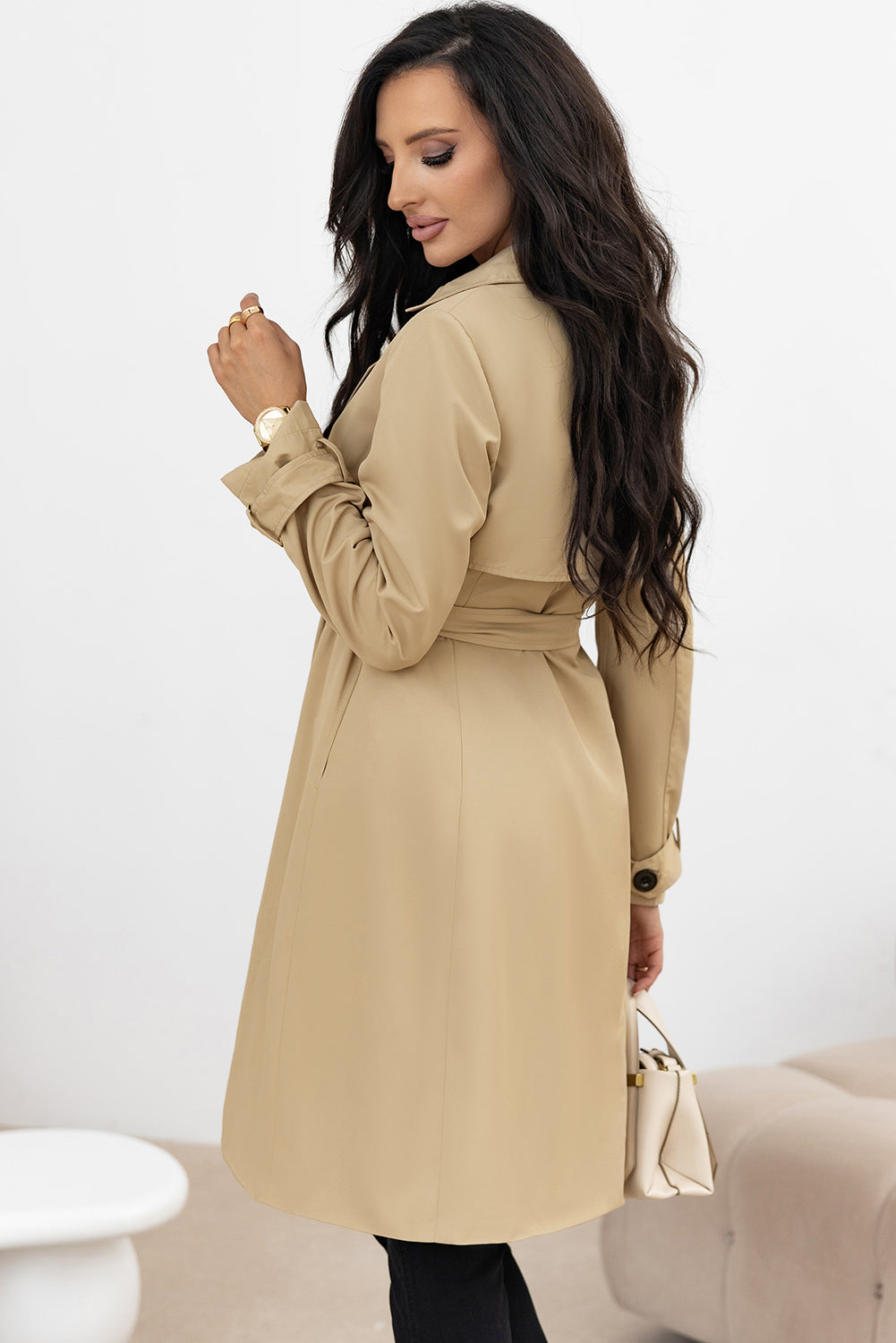 Pale Khaki Solid Color Lapel Collar Waist Tie Wind Coat - Premium Outerwear/Coats from Momma Done Gone Crafty- Just $96.99! Shop now at Momma Done Gone Crafty