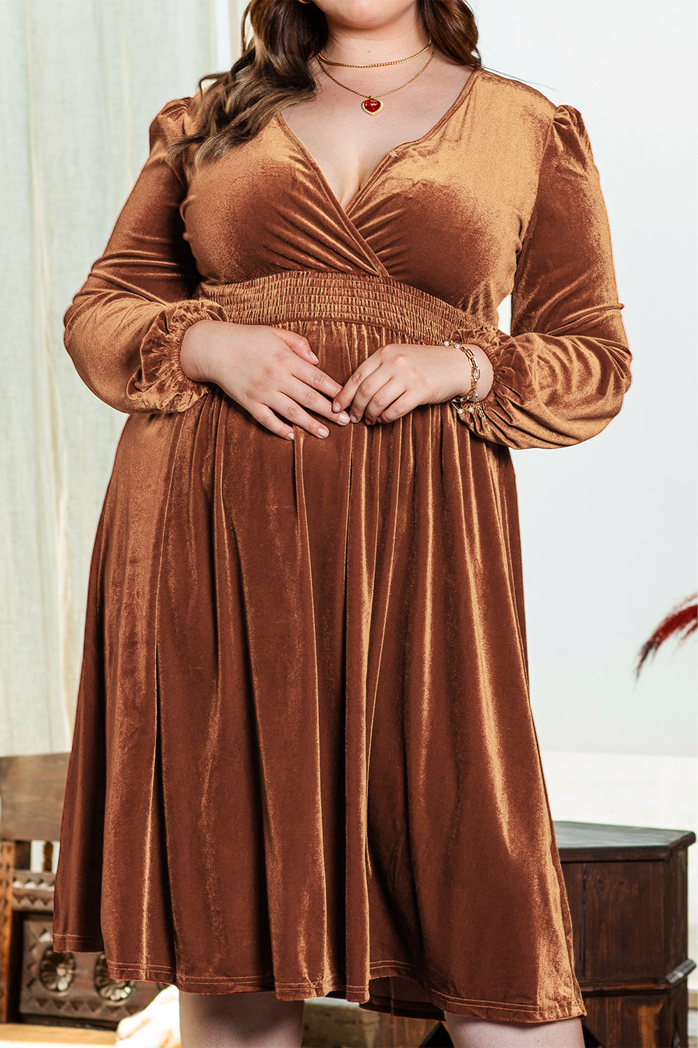 Camel Surplice V Neck Balloon Sleeve Velvet Dress - Premium Plus Size/Plus Size Dresses/Plus Size Maxi Dresses from Momma Done Gone Crafty- Just $35.16! Shop now at Momma Done Gone Crafty