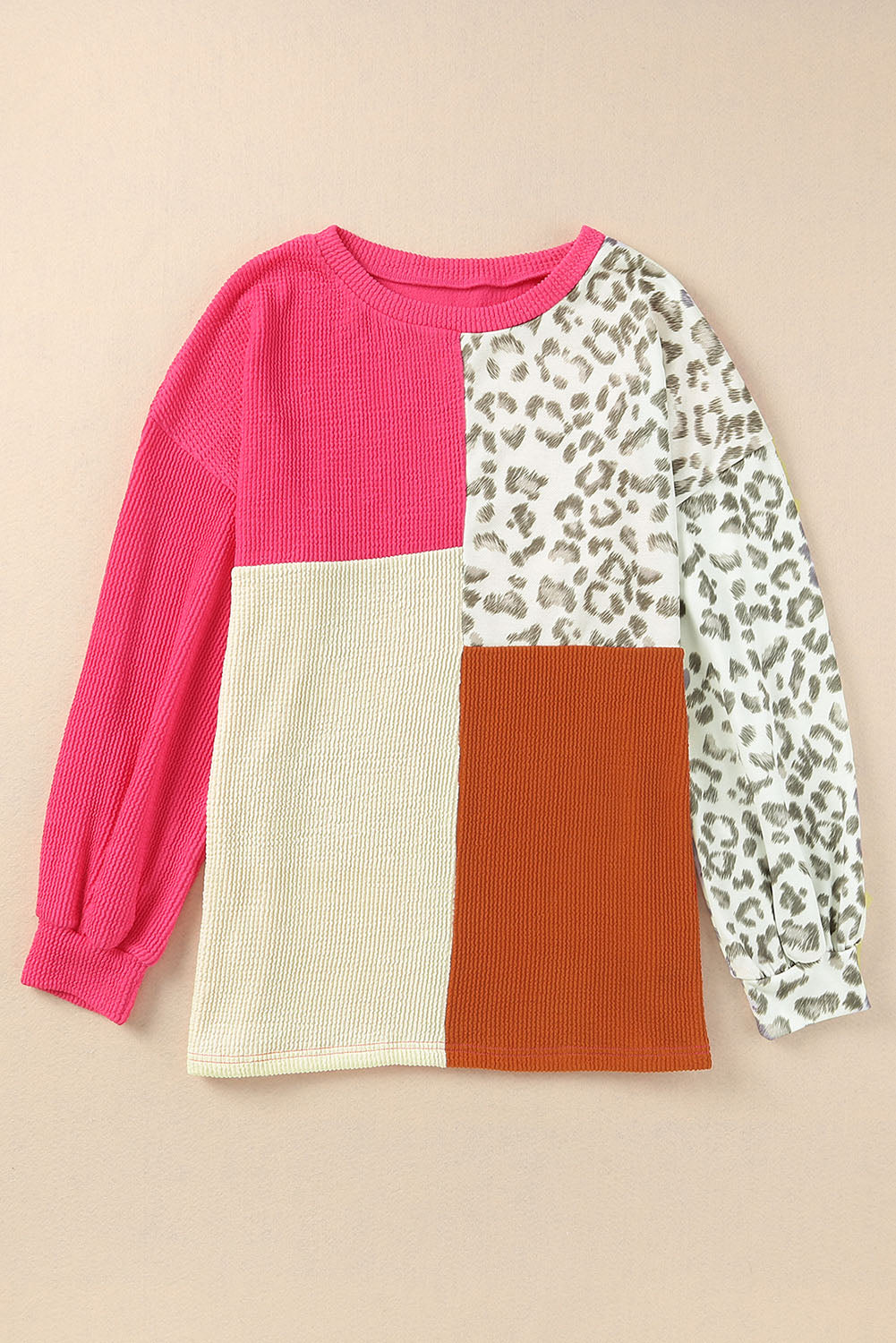 Rose Leopard Patchwork Color Block Ribbed Long Sleeve Top - Premium Tops from Momma Done Gone Crafty- Just $36.90! Shop now at Momma Done Gone Crafty