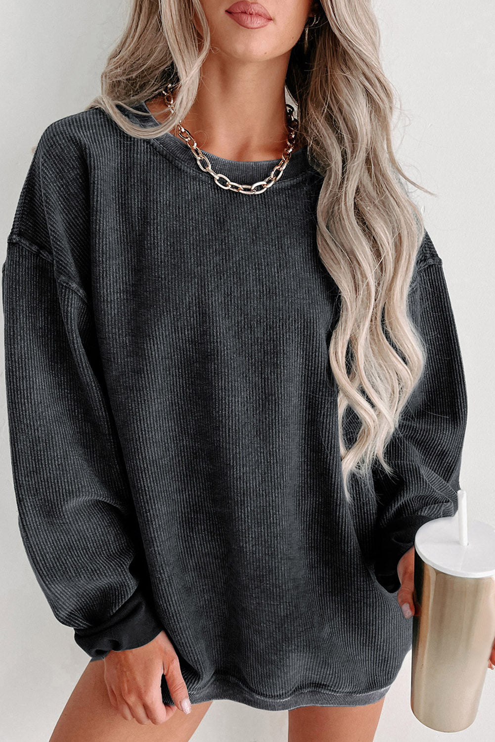 Black Solid Ribbed Knit Round Neck Pullover Sweatshirt - Premium Tops from Momma Done Gone Crafty- Just $41.94! Shop now at Momma Done Gone Crafty