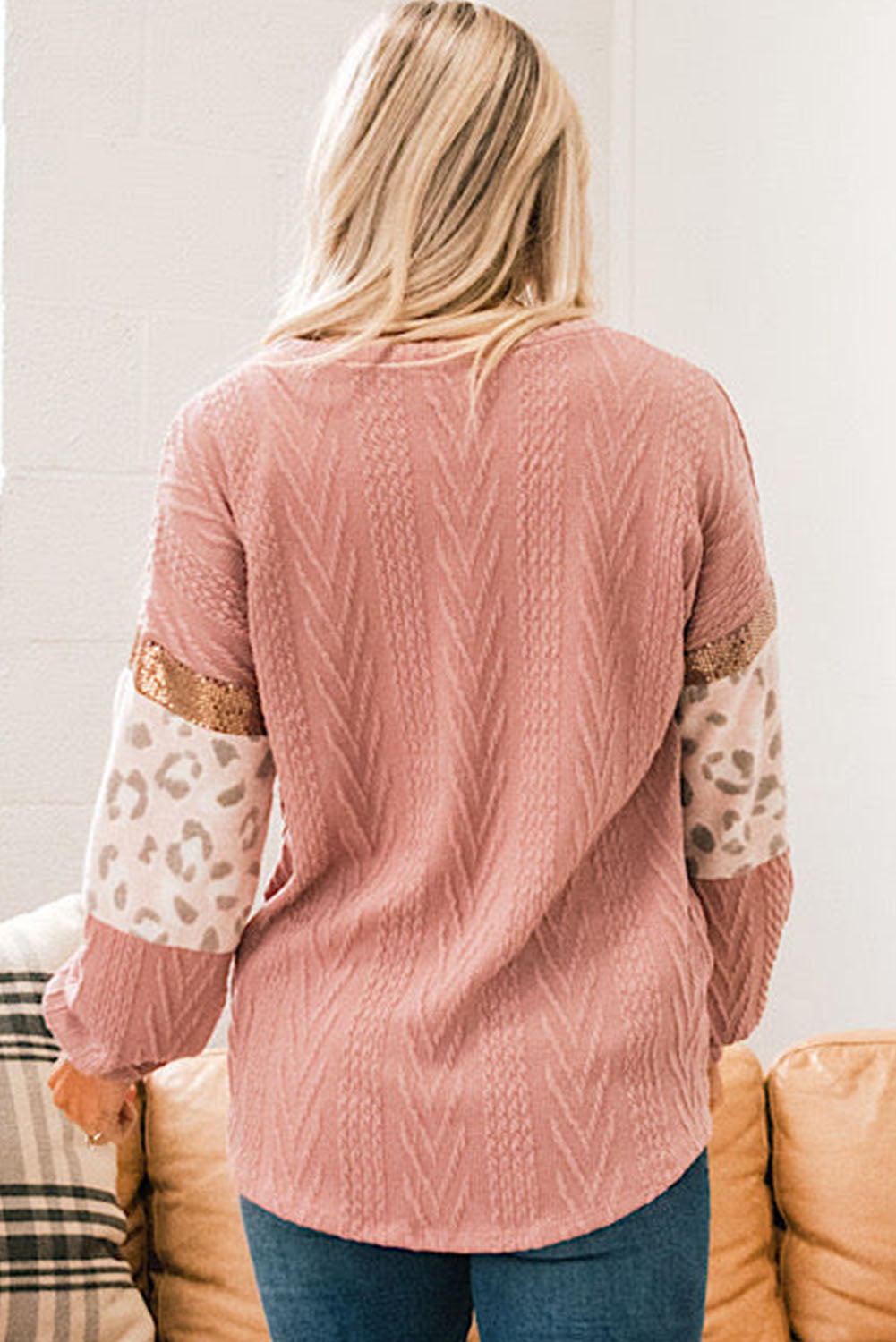 Pink Leopard Sequin Splicing Sleeves Textured Knit Top - Premium Tops from Momma Done Gone Crafty- Just $36.90! Shop now at Momma Done Gone Crafty