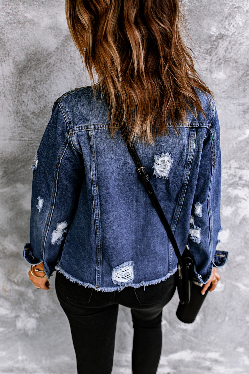 Blue Lapel Distressed Raw Hem Buttons Denim Jacket - Premium Outerwear from Momma Done Gone Crafty- Just $65.99! Shop now at Momma Done Gone Crafty