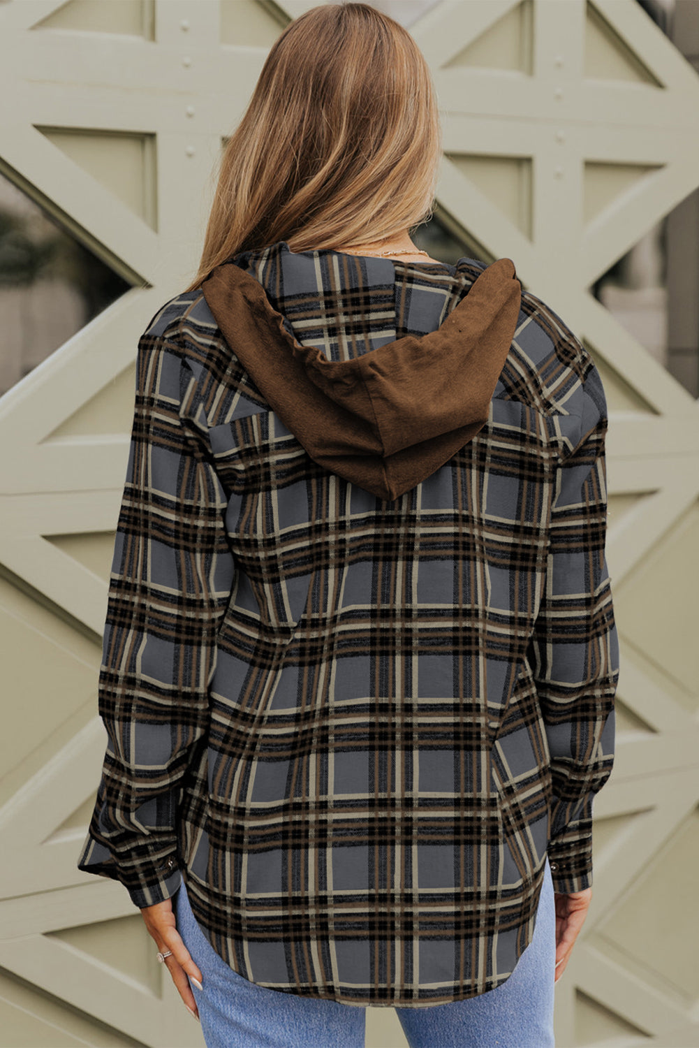 Contrast Hooded Drawstring Plaid Shacket - Premium Outerwear from Momma Done Gone Crafty- Just $61.23! Shop now at Momma Done Gone Crafty