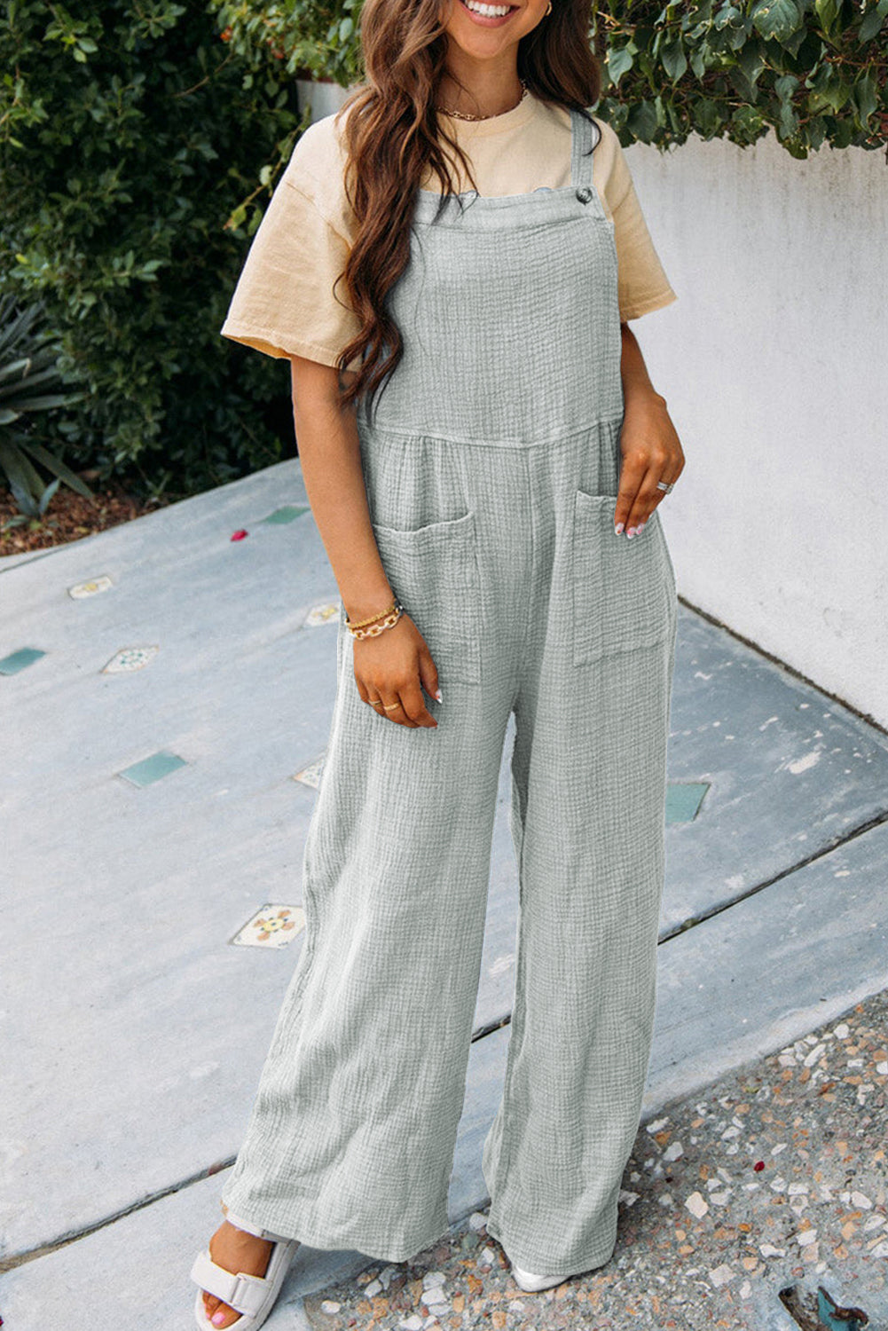 Gray Textured Wide Leg Overall with Pockets - Premium Bottoms from Momma Done Gone Crafty- Just $31.50! Shop now at Momma Done Gone Crafty