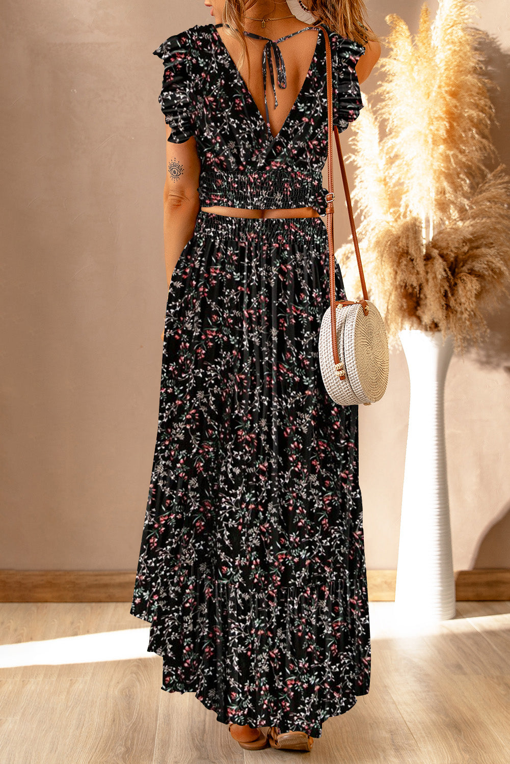 Black Multicolor Floral Ruffled Crop Top and Maxi Skirt Set - Premium Dresses from Momma Done Gone Crafty- Just $36.90! Shop now at Momma Done Gone Crafty