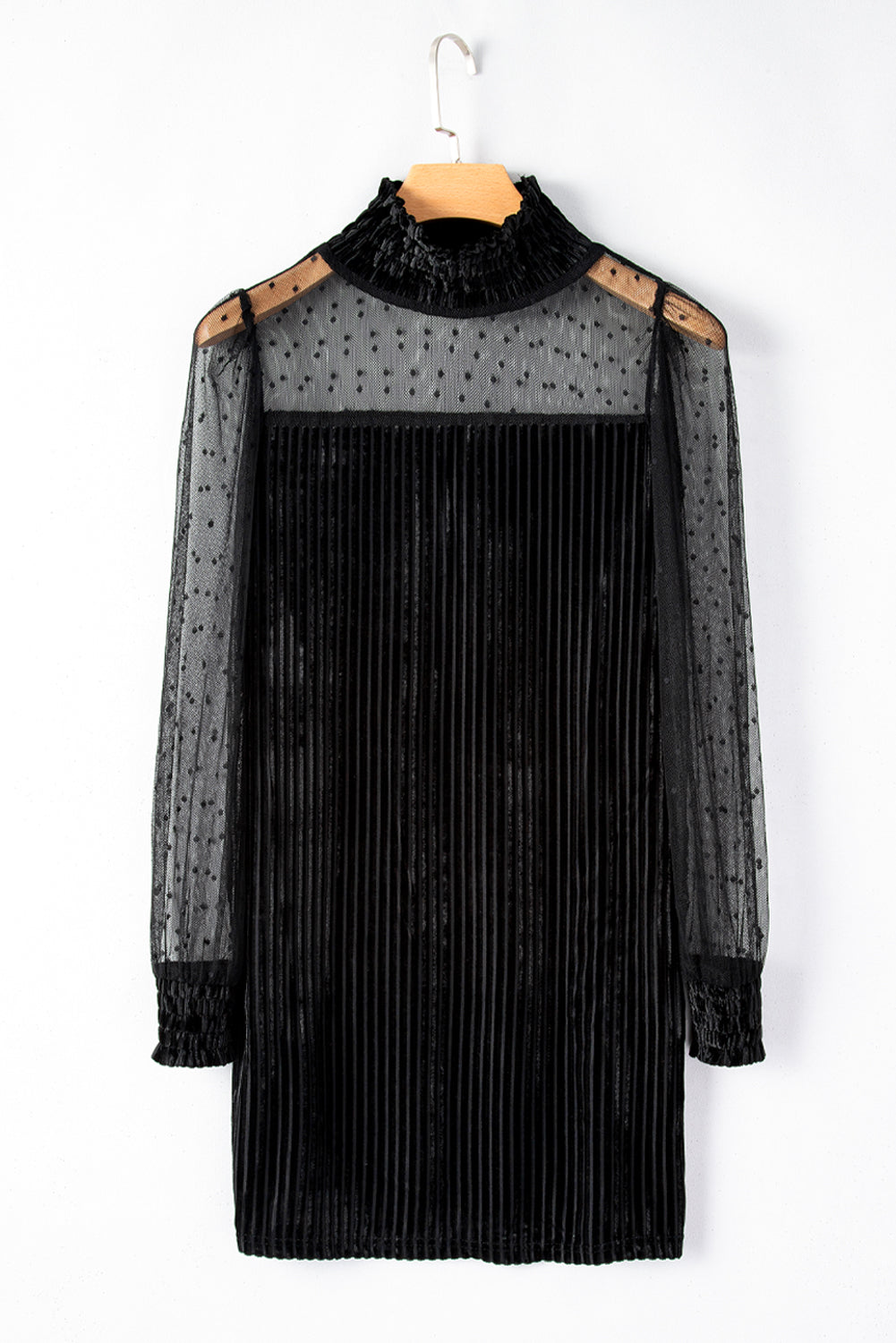 Black Dotted Mesh Striped Frilled Neck Bubble Sleeve Dress - Premium Dresses from Momma Done Gone Crafty- Just $33.40! Shop now at Momma Done Gone Crafty