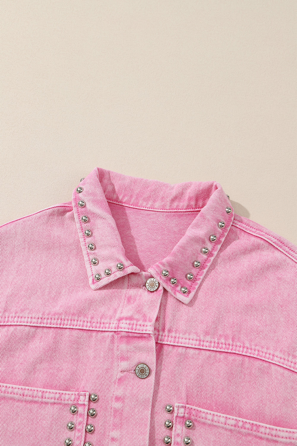 Pink Rivet Studded Pocketed Denim Jacket - Premium Outerwear from Momma Done Gone Crafty- Just $65.99! Shop now at Momma Done Gone Crafty