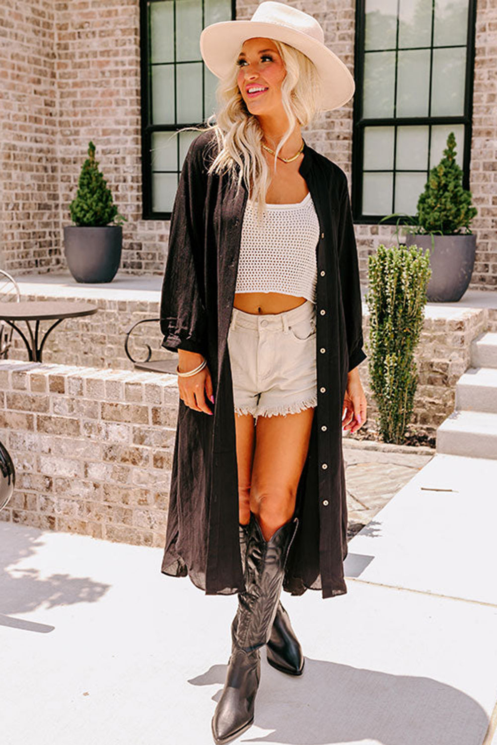 Black 3/4 Sleeve Button Up Long Kimono - Premium Outerwear/Kimonos from Momma Done Gone Crafty- Just $35.99! Shop now at Momma Done Gone Crafty