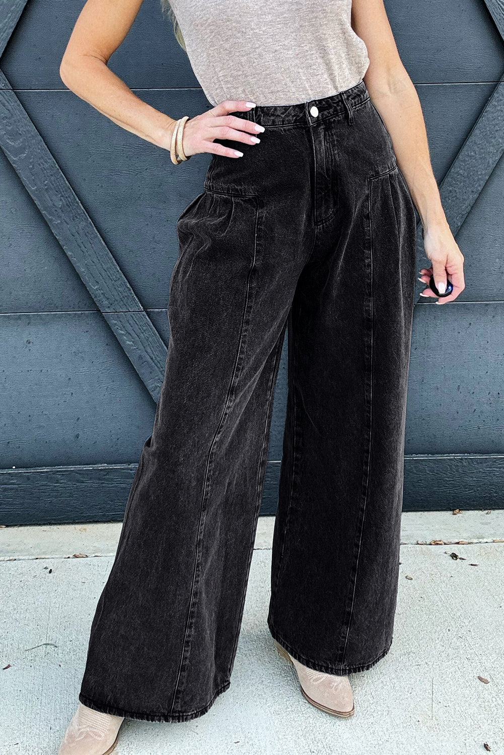 Dark Grey Pleated Wide Leg Mineral Wash Denim Pants - Premium Bottoms/Jeans from Momma Done Gone Crafty- Just $36.45! Shop now at Momma Done Gone Crafty