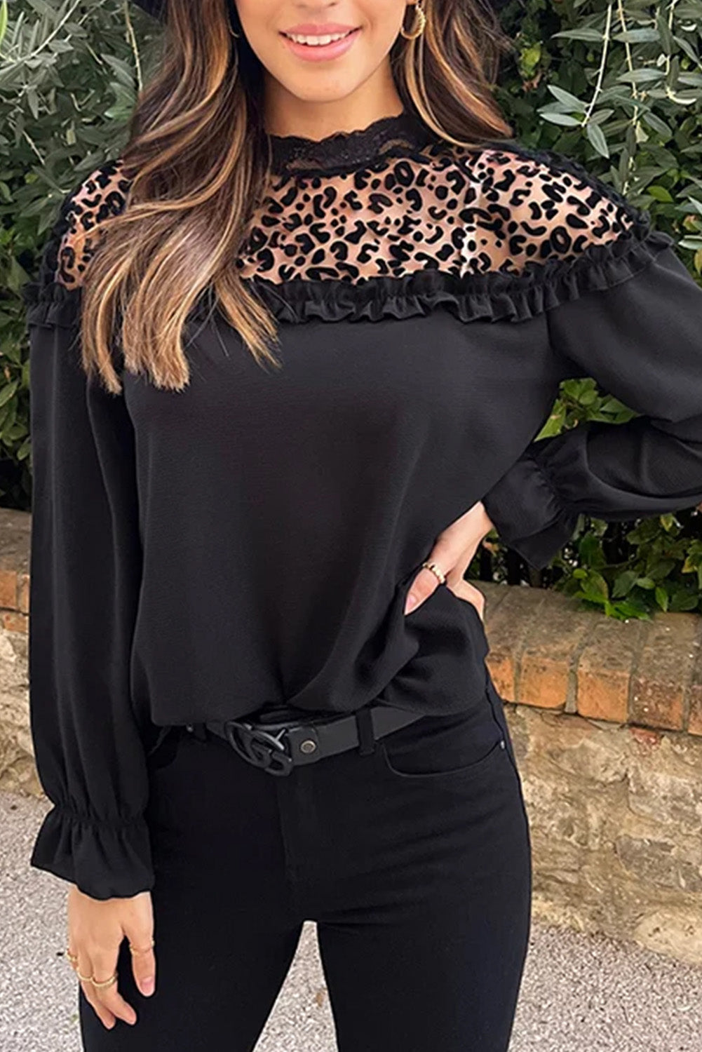 Black Leopard Mesh Splicing Ruffle Long Sleeve Blouse - Premium Tops from Momma Done Gone Crafty- Just $25.99! Shop now at Momma Done Gone Crafty