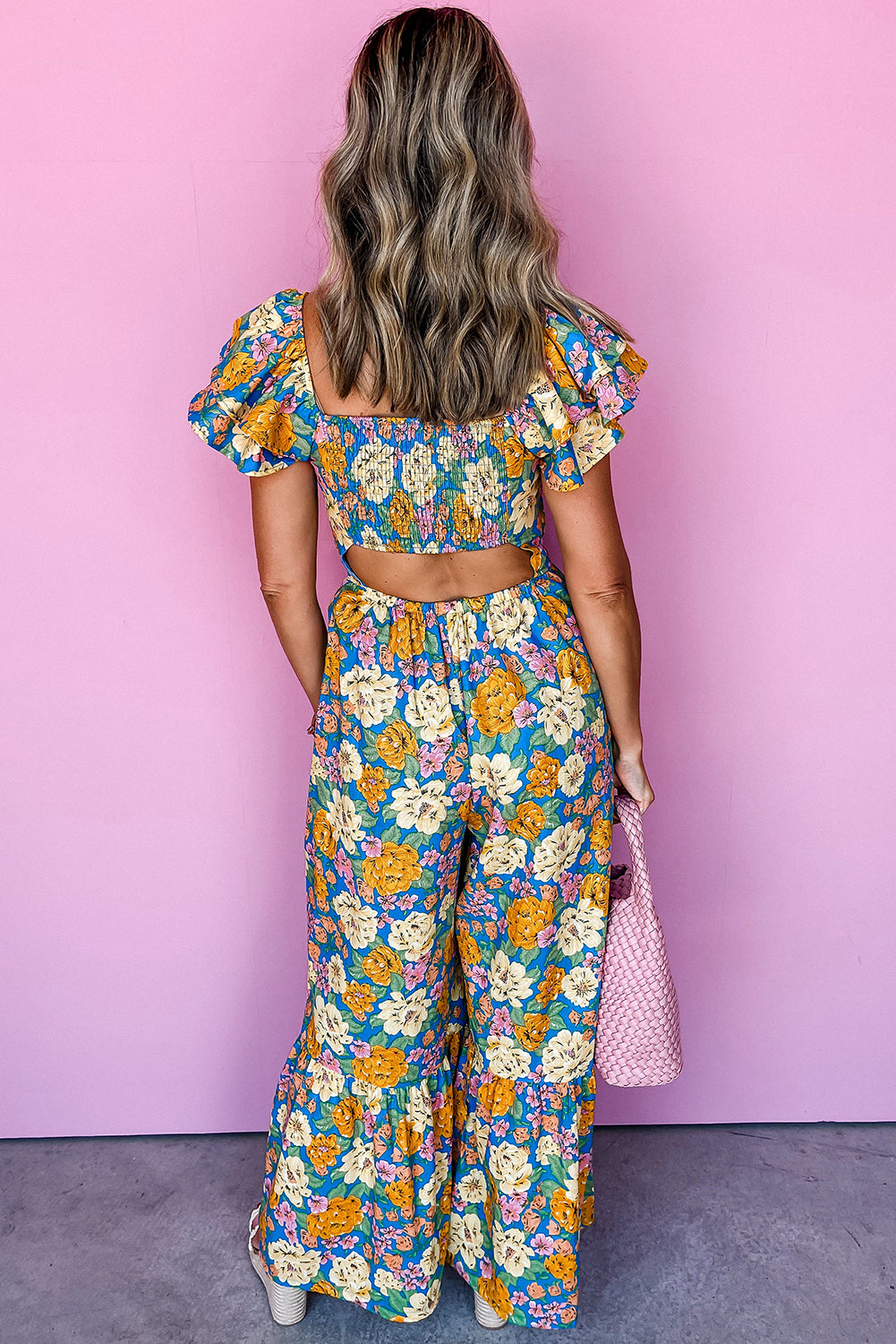 Yellow Floral Allover Print Shirred Cut Out High Waist Jumpsuit - Premium Bottoms/Jumpsuits & Rompers from Ashes 2 Wildflowers Boutique, LLC- Just $35.55! Shop now at Ashes 2 Wildflowers Boutique, LLC