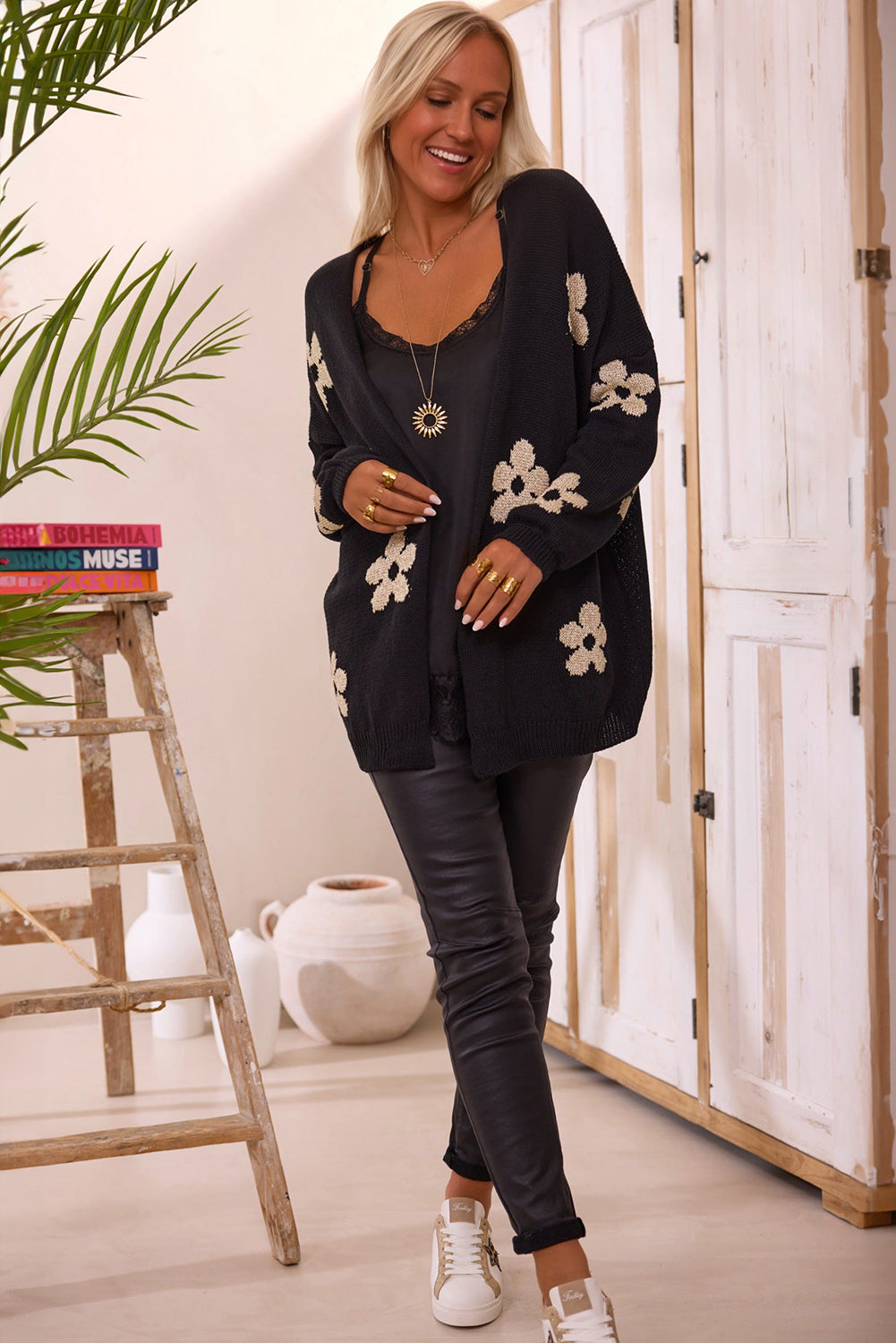 Black Floral Print Knitted Open Front Loose Cardigan - Premium Sweaters & Cardigans/Cardigans from Ashes 2 Wildflowers Boutique, LLC- Just $36.35! Shop now at Ashes 2 Wildflowers Boutique, LLC