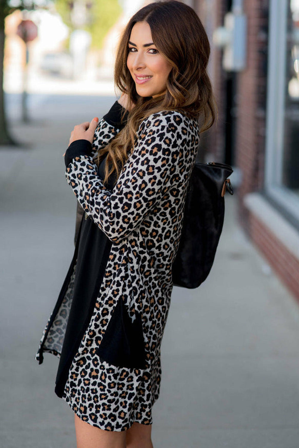Black Leopard Patched Pocket Open Front Cardigan - Premium Sweaters & Cardigans/Cardigans from Momma Done Gone Crafty- Just $15.75! Shop now at Momma Done Gone Crafty