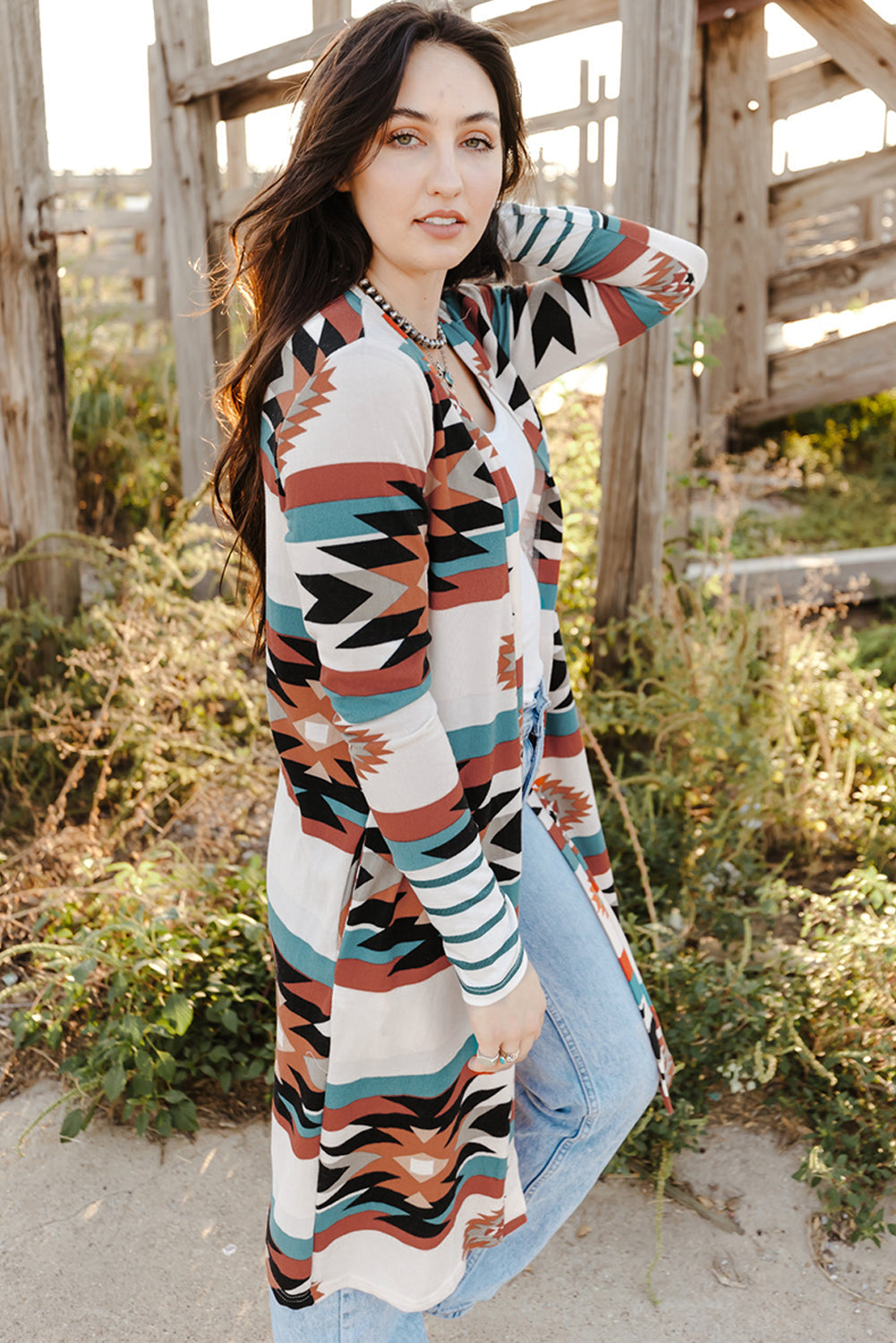 Multicolor Geometric Color Block Open Front Long Cardigan - Premium Tops from Momma Done Gone Crafty- Just $32.94! Shop now at Momma Done Gone Crafty