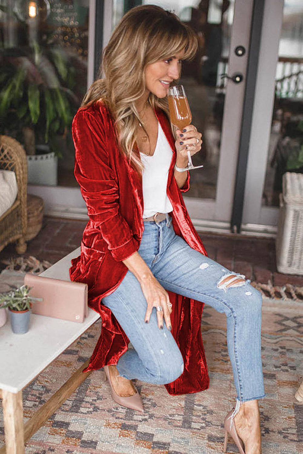 Red Velvet Open Front Pocketed Long Duster - Premium Tops from Momma Done Gone Crafty- Just $41.40! Shop now at Momma Done Gone Crafty