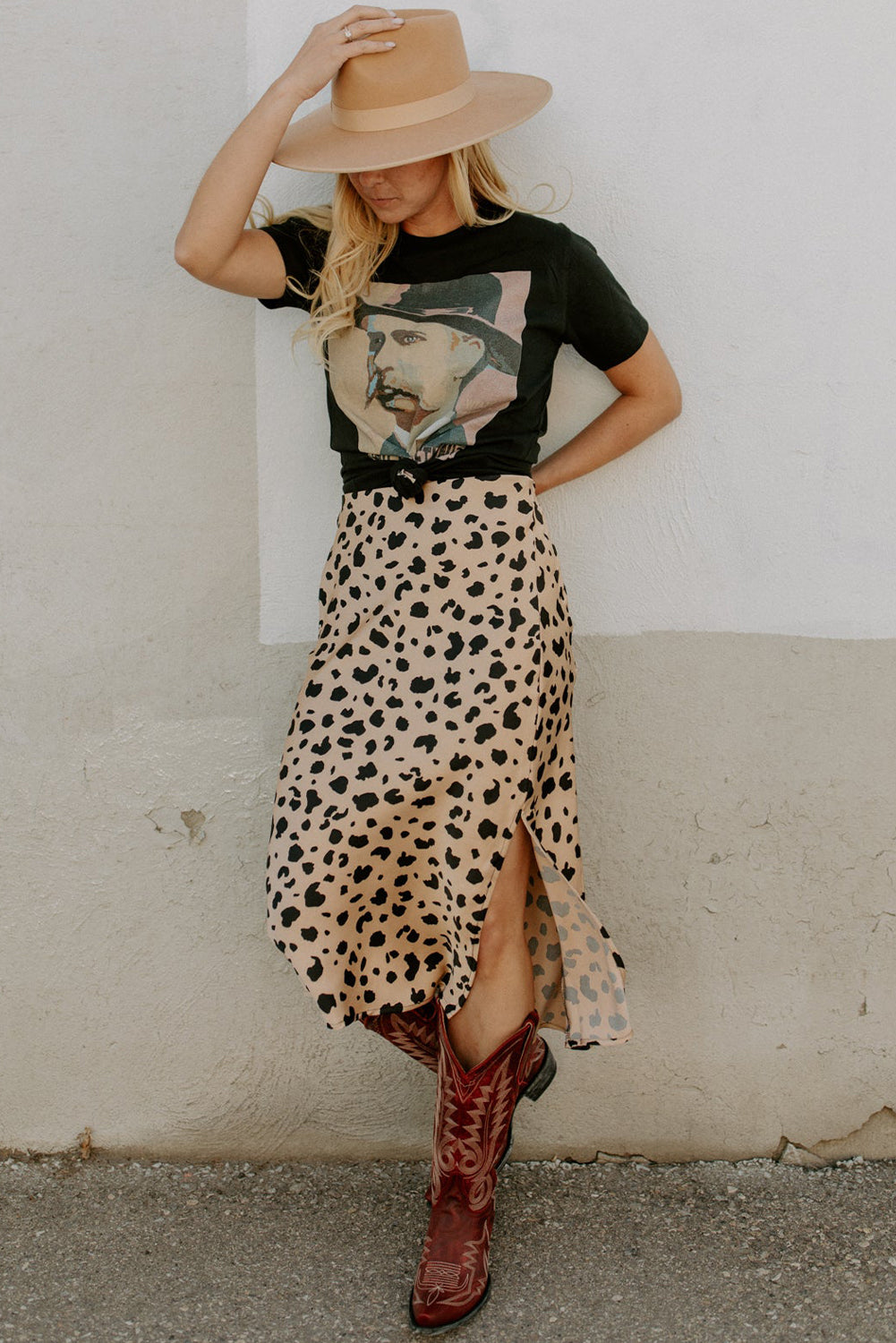 Khaki Leopard Spots Printed Split Hem Midi Skirt - Premium Bottoms/Skirts & Petticoat from Ashes 2 Wildflowers Boutique, LLC- Just $14.55! Shop now at Ashes 2 Wildflowers Boutique, LLC