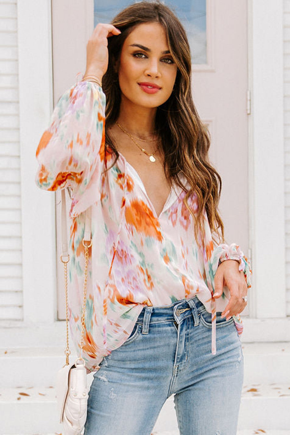 Multicolor Abstract Print Split Neck Puff Sleeve Blouse - Premium Tops from Momma Done Gone Crafty- Just $33.30! Shop now at Momma Done Gone Crafty