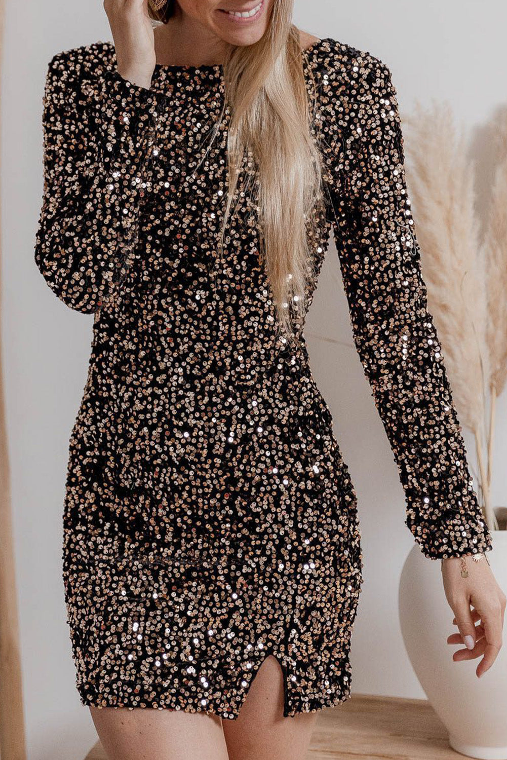 Chestnut Sequin Crew Neck Long Sleeve Bodycon Dress - Premium Dresses/Sequin Dresses from Momma Done Gone Crafty- Just $42.15! Shop now at Momma Done Gone Crafty